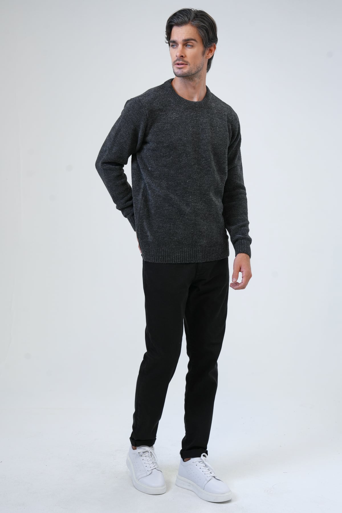 Antrasit Regular Fit Bisiklet Yaka Triko Kazak