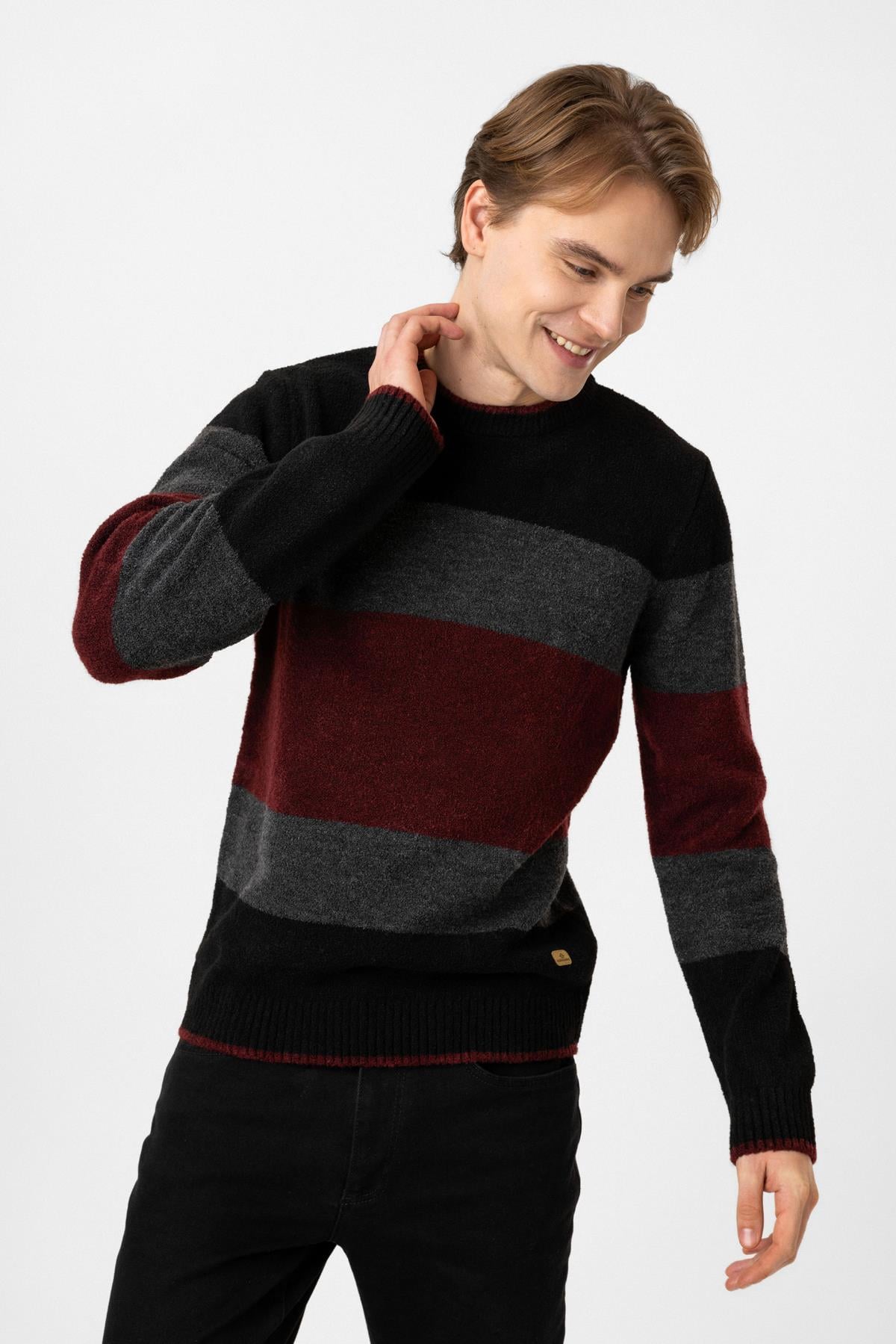 Siyah Regular Fit Bisiklet Yaka Çizgili Triko Kazak