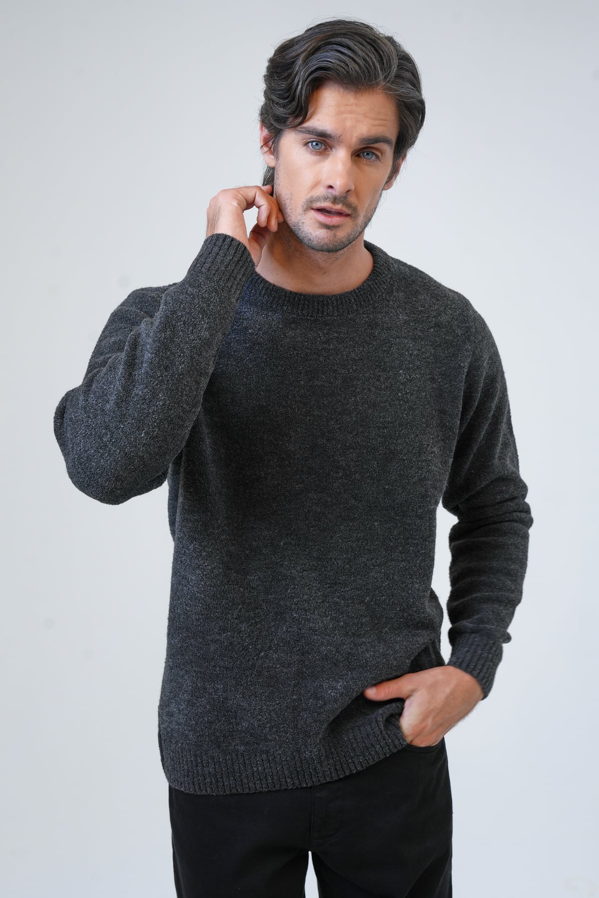 Antrasit Regular Fit Bisiklet Yaka Triko Kazak