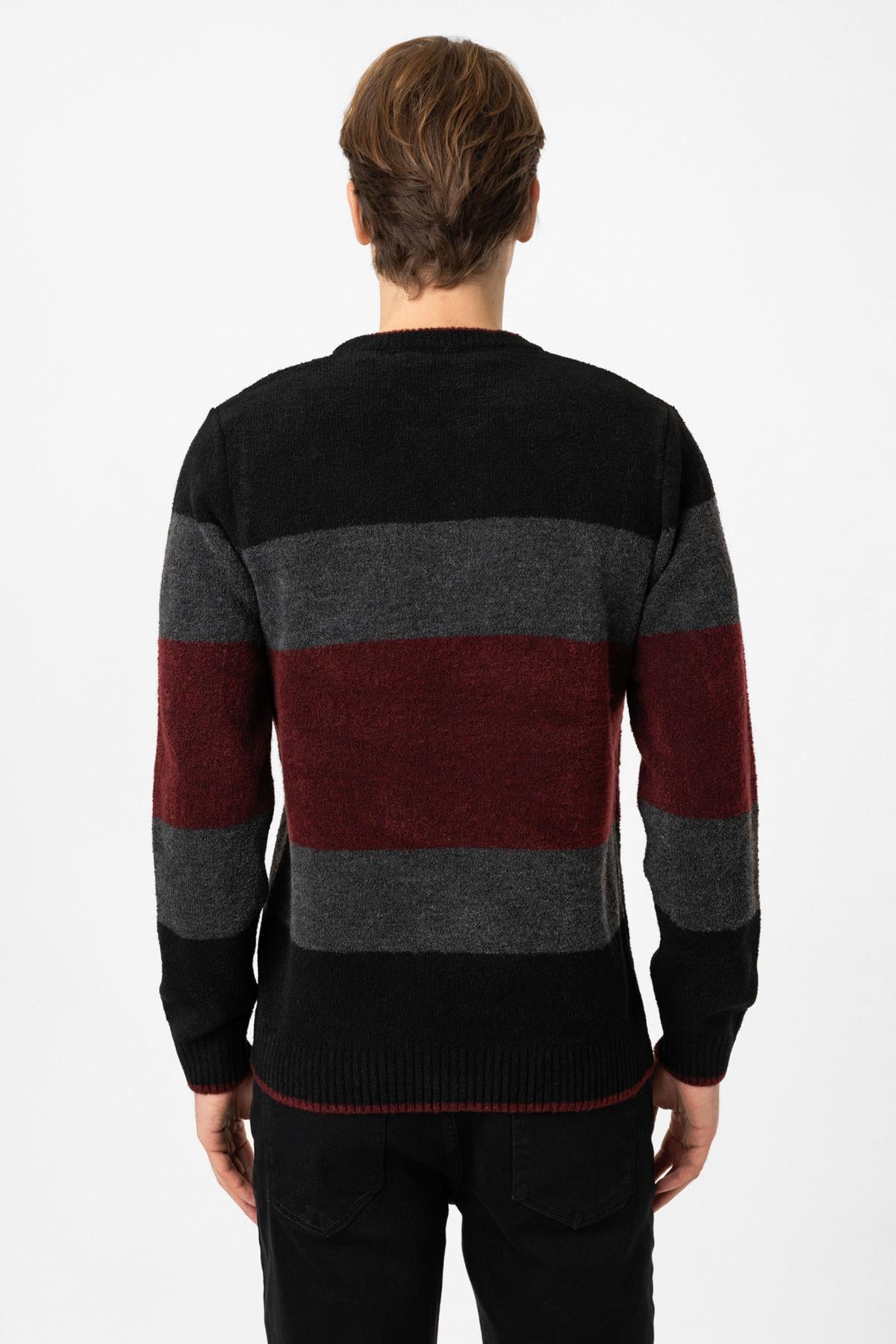 Siyah Regular Fit Bisiklet Yaka Çizgili Triko Kazak