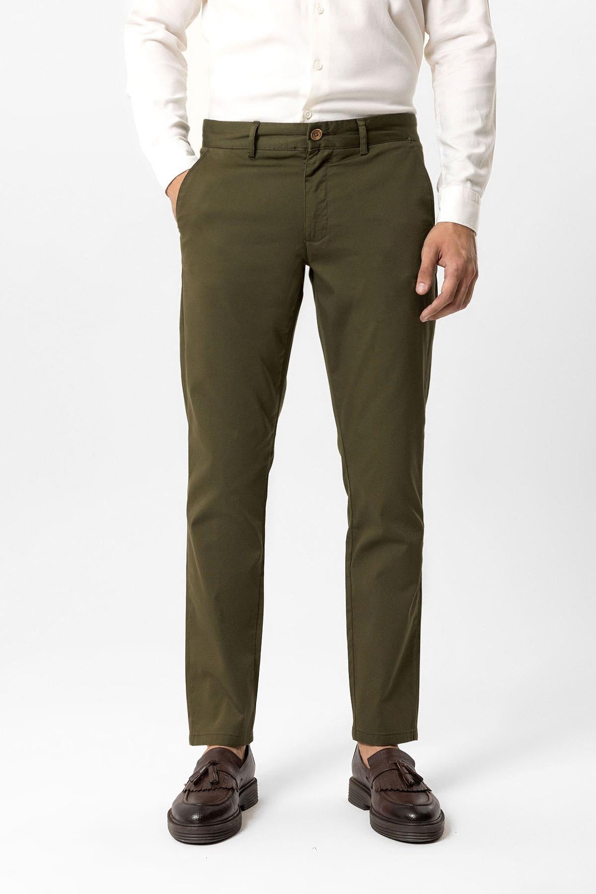 Haki Slim Fit Pamuklu Yan Cep Chino Pantolon