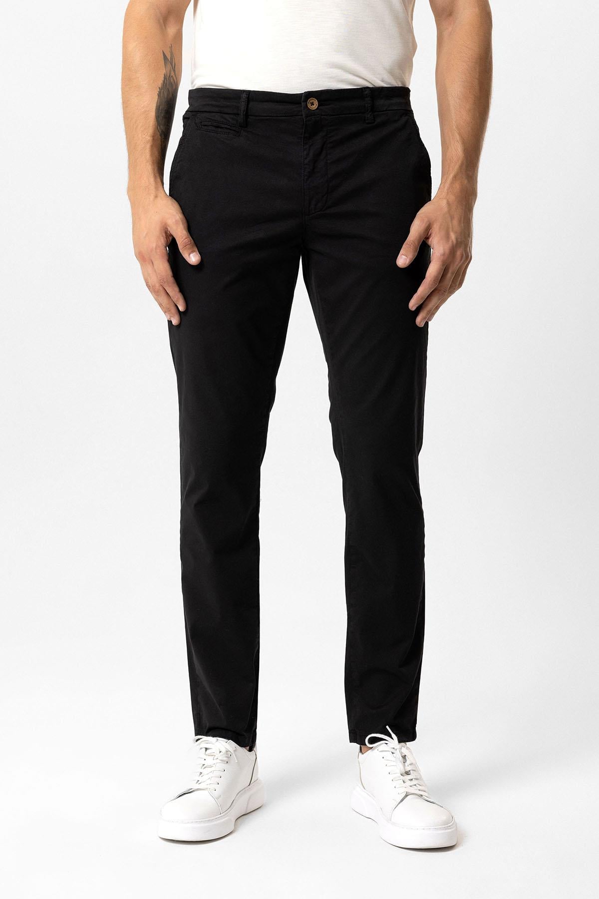 Siyah Slim Fit Pamuklu Yan Cep Chino Pantolon