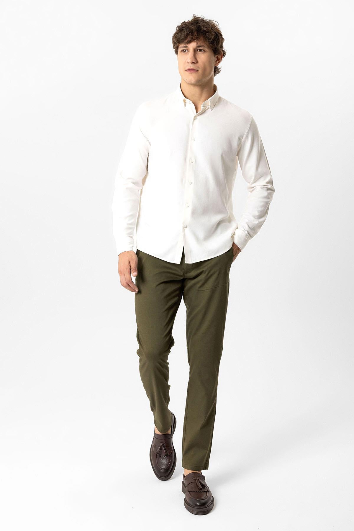 Haki Slim Fit Pamuklu Yan Cep Chino Pantolon