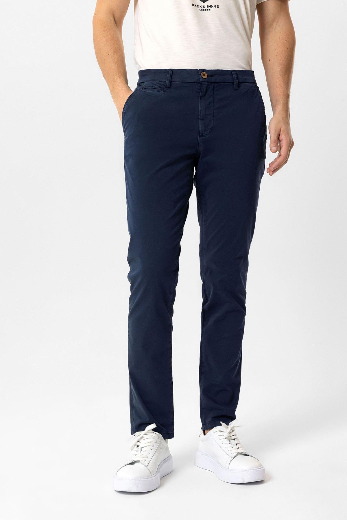 Lacivert Slim Fit Pamuklu Yan Cep Chino Pantolon