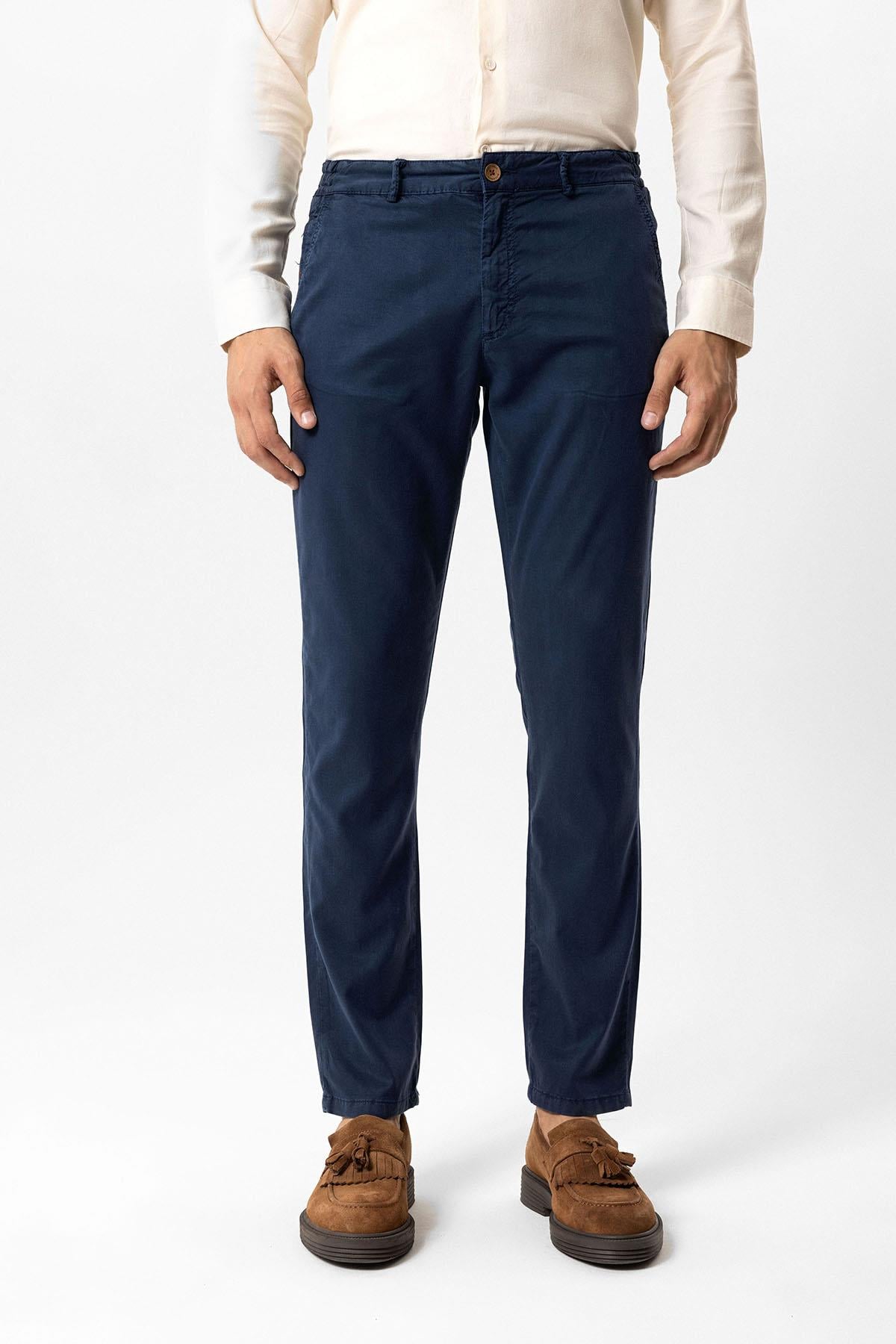 Lacivert Slim Fit Pamuklu Beli Bağcıklı Yan Cep Chino Pantolon