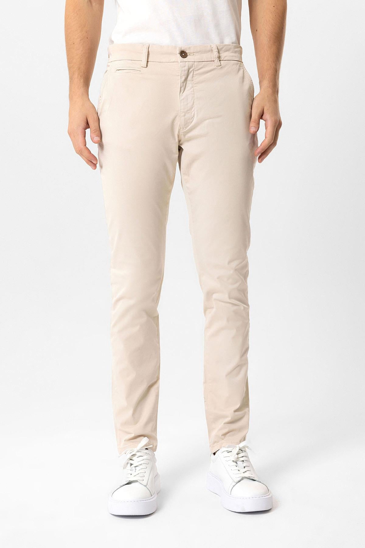 Bej Slim Fit Pamuklu Yan Cep Chino Pantolon