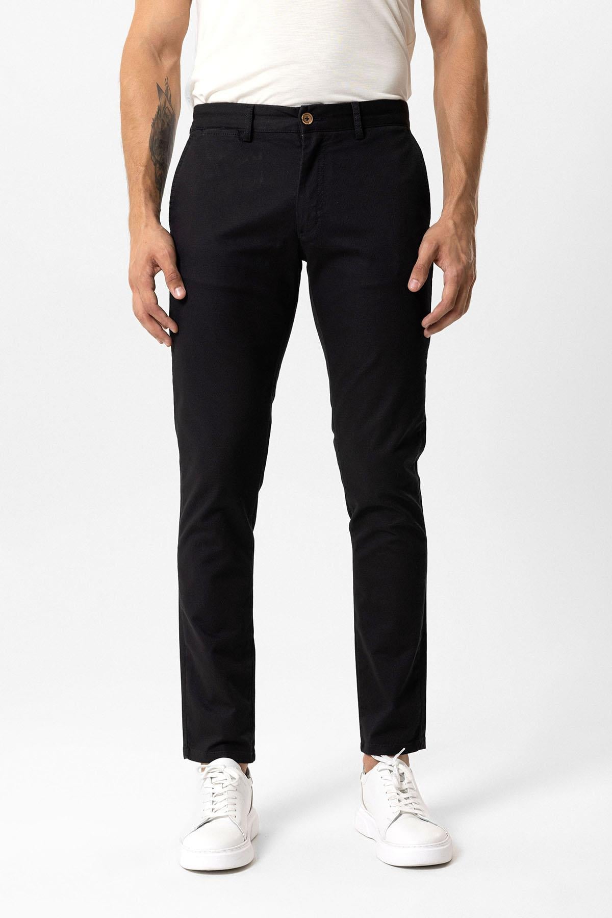 Siyah Slim Fit Pamuklu Yan Cep Chino Pantolon