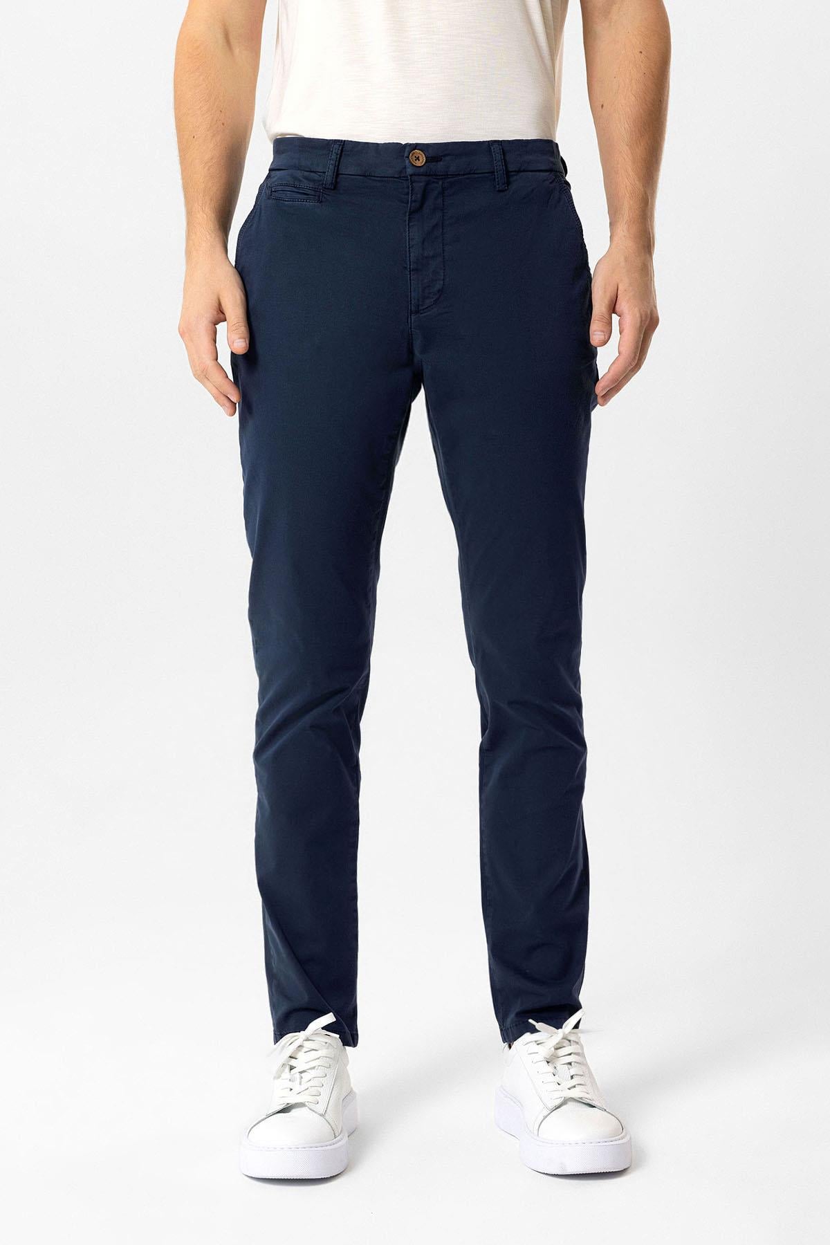 Lacivert Slim Fit Pamuklu Yan Cep Chino Pantolon