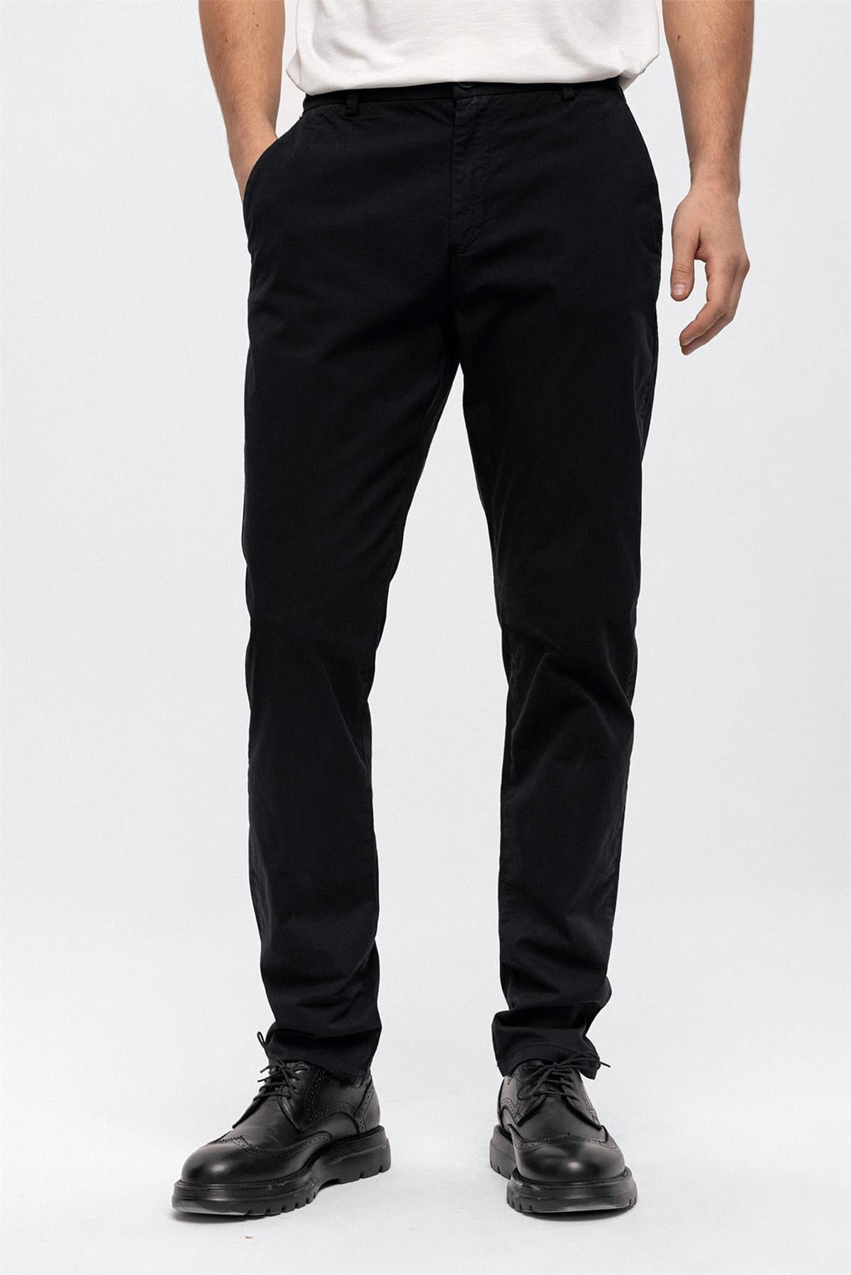 Siyah Smart Fit Pamuklu Beli Lastikli Chino Pantolon