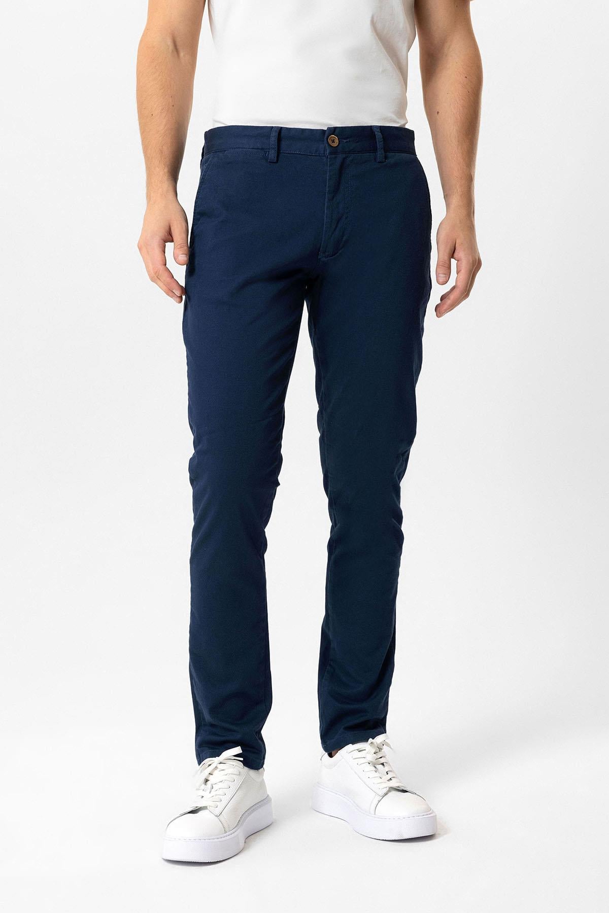 Lacivert Slim Fit Pamuklu Yan Cep Chino Pantolon