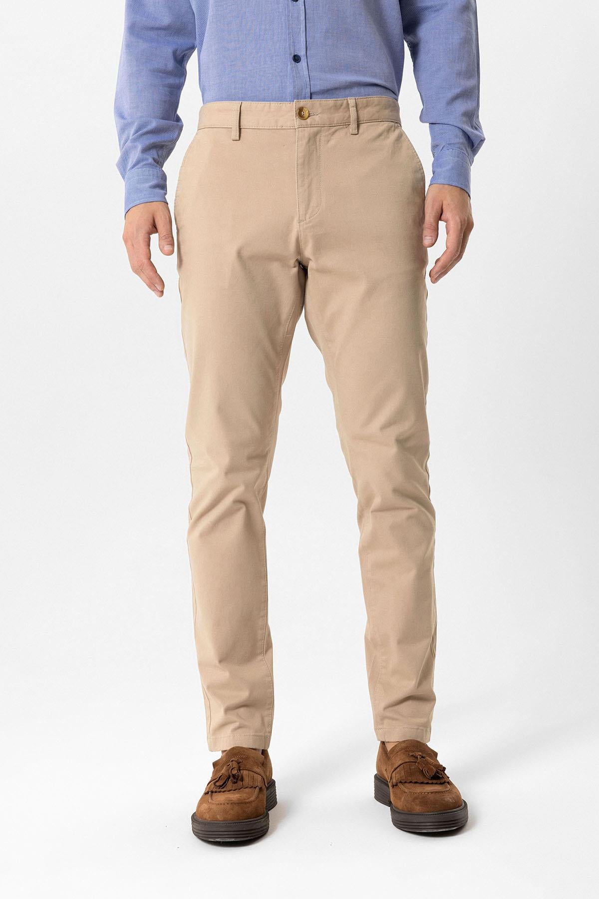 Bej Slim Fit Pamuklu Yan Cep Chino Pantolon