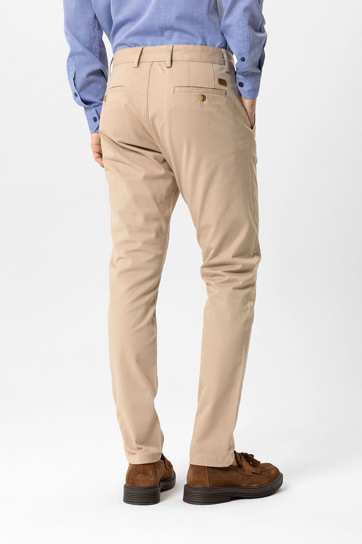 Bej Slim Fit Pamuklu Yan Cep Chino Pantolon