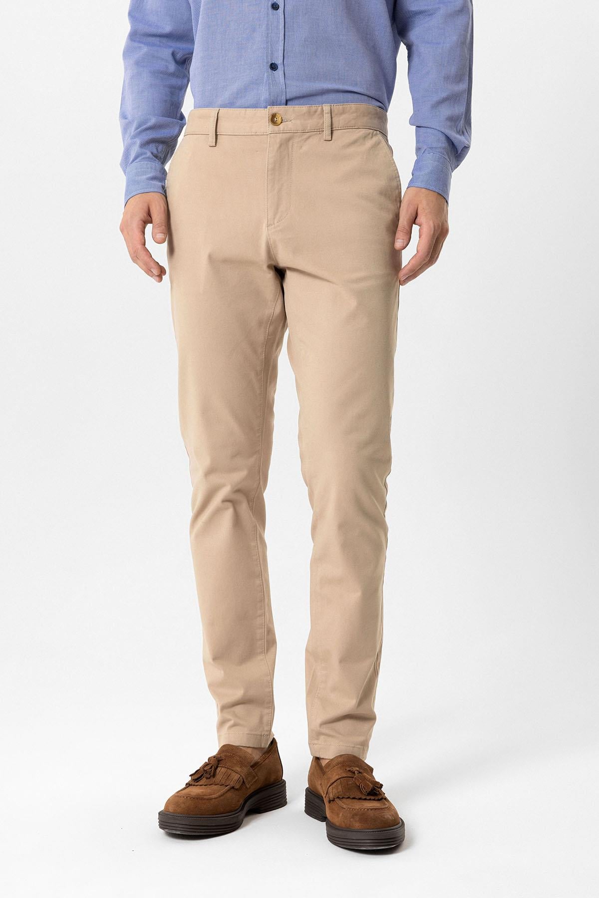 Bej Slim Fit Pamuklu Yan Cep Chino Pantolon