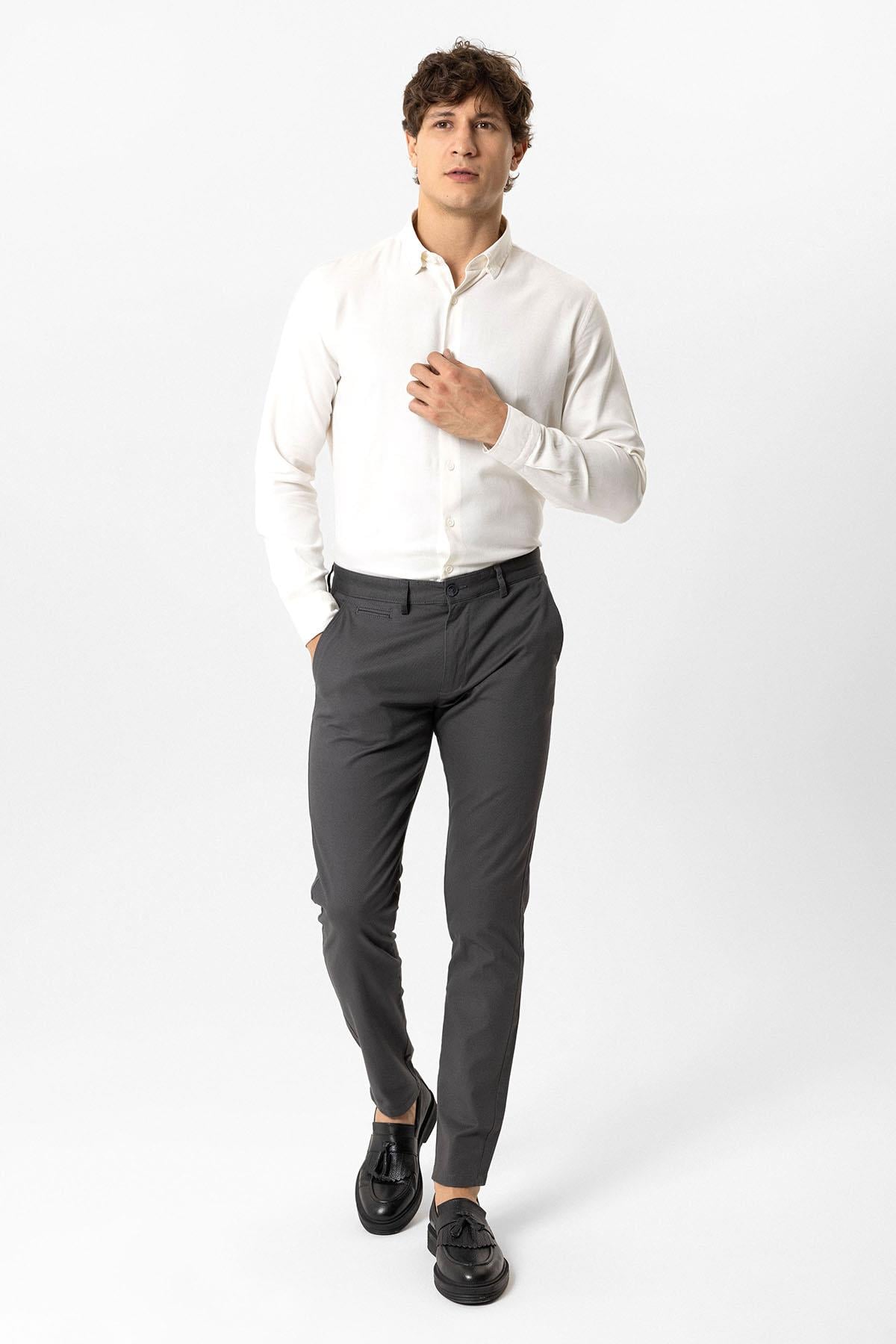 Antrasit Slim Fit Pamuklu Yan Cep Chino Pantolon