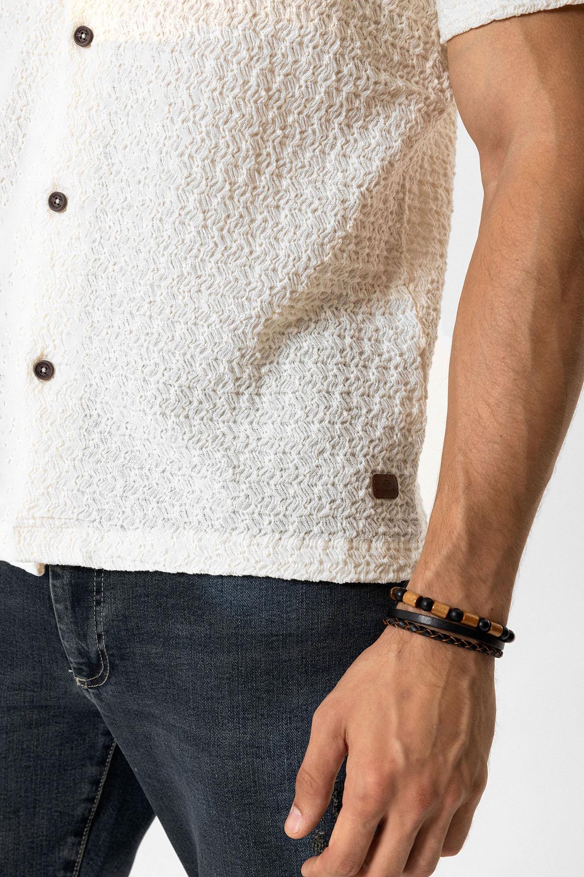 Beyaz Regular Fit Küba Yaka Örme Kısa Kollu Gömlek