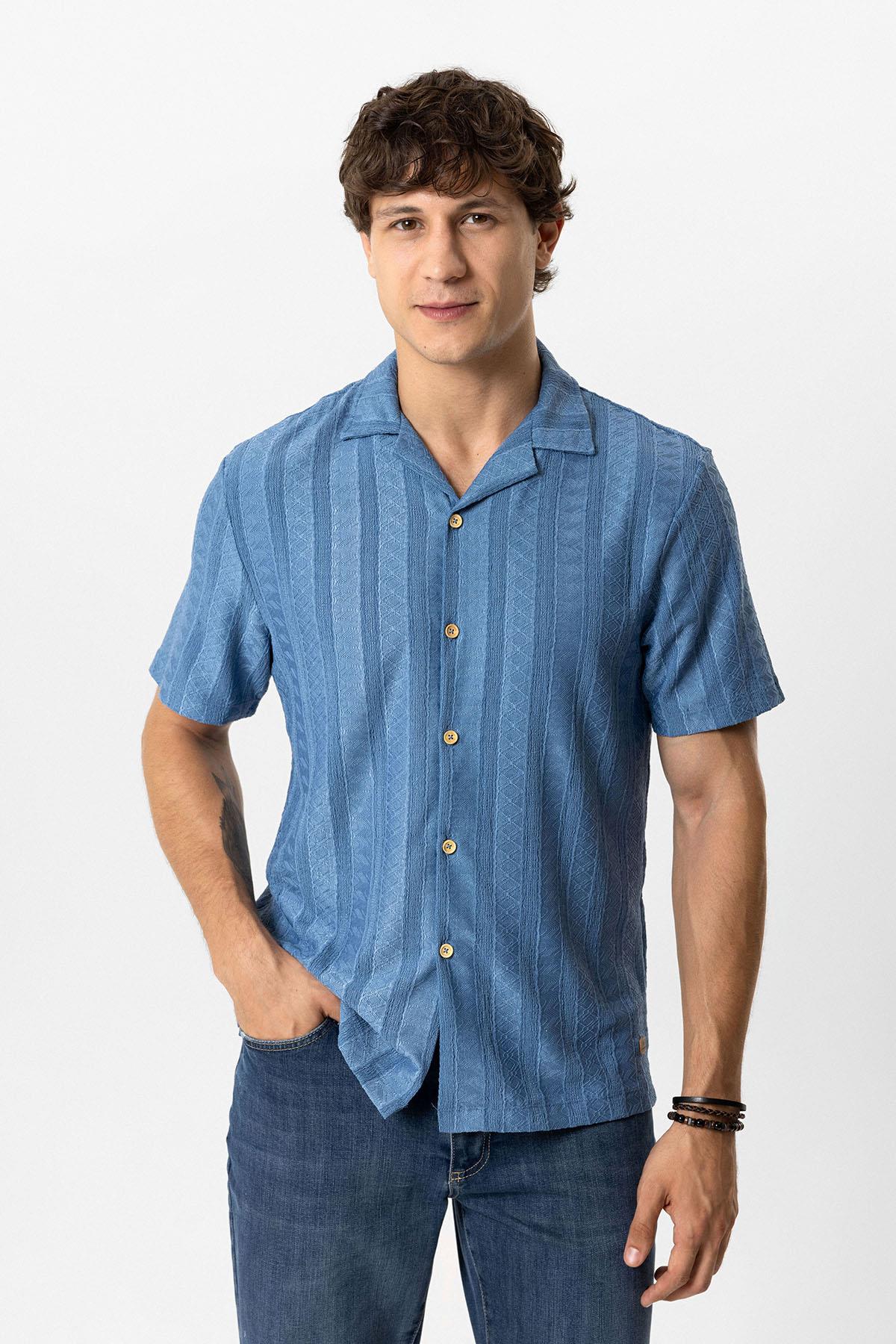 Mavi Regular Fit Küba Yaka Örme Kısa Kollu Gömlek