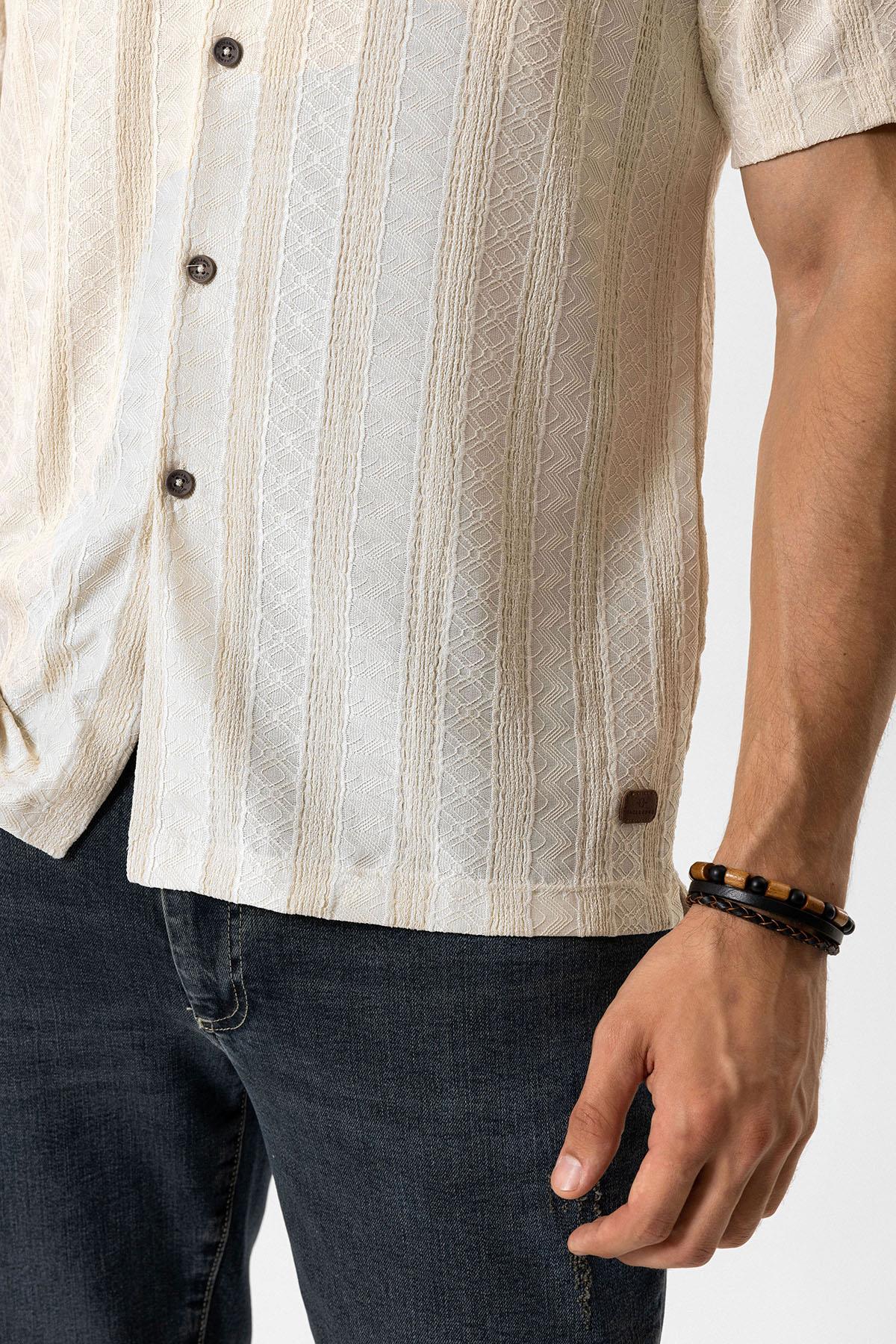 Bej Regular Fit Küba Yaka Örme Kısa Kollu Gömlek