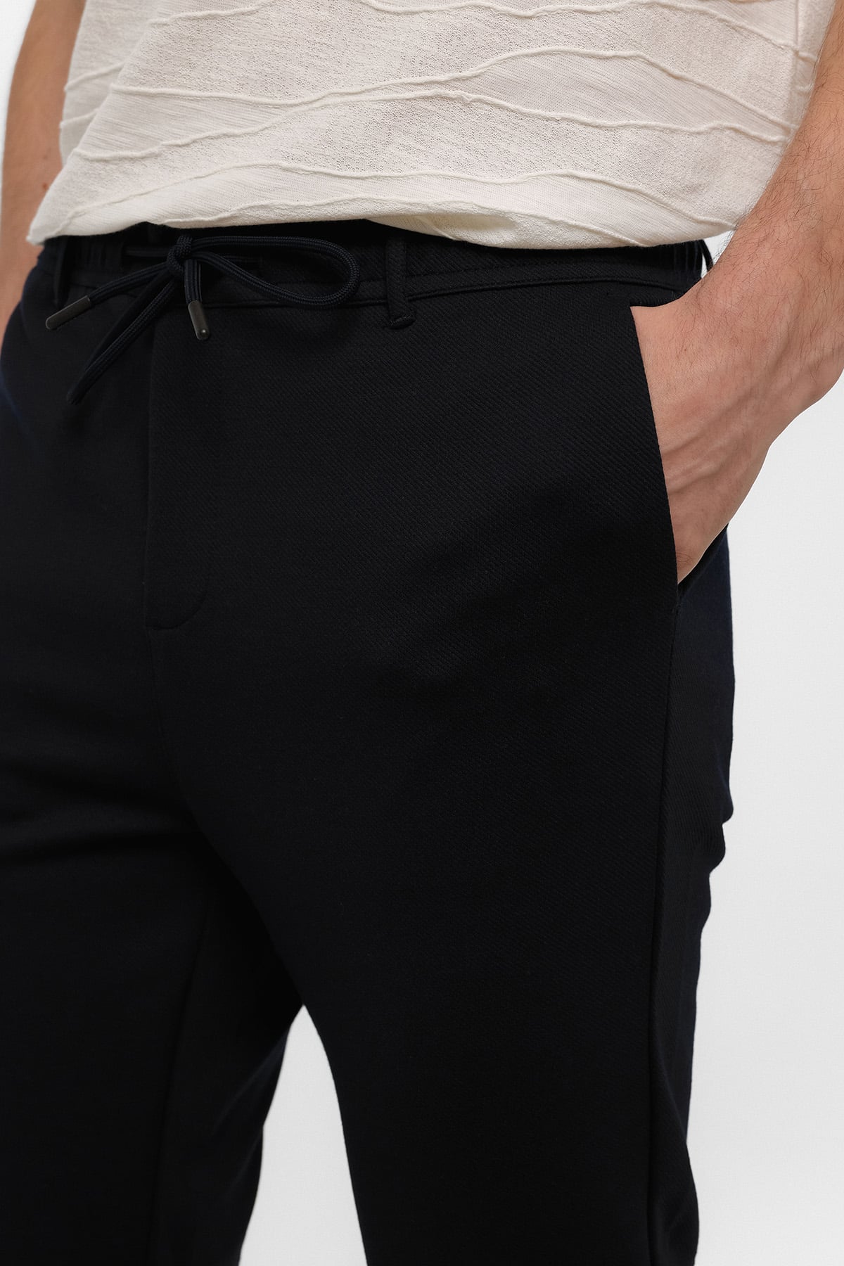 Lacivert Regular Fit Beli Bağlamalı Örme Jogger Pantolon