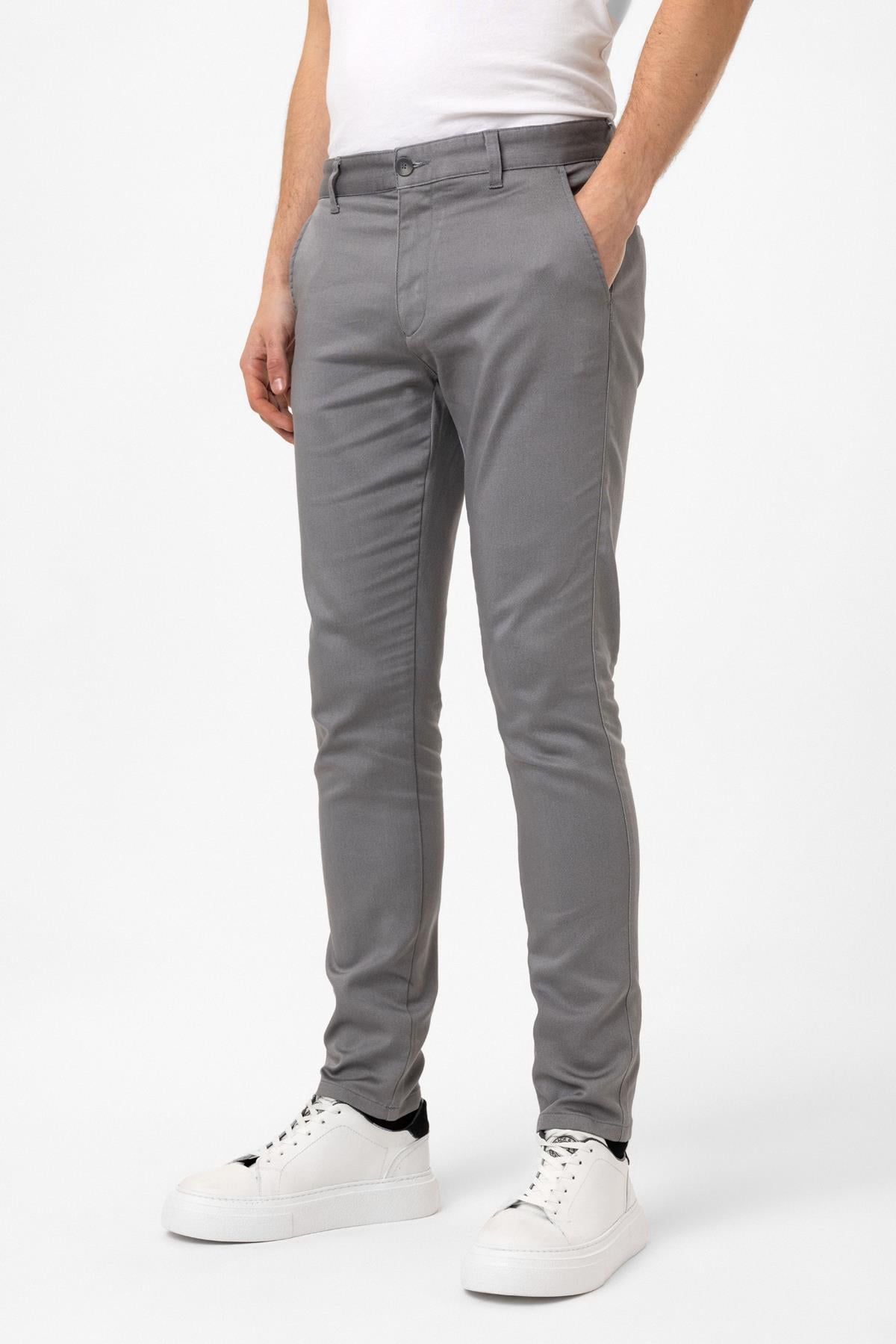 Açık Gri Dokuma Chino Pantolon