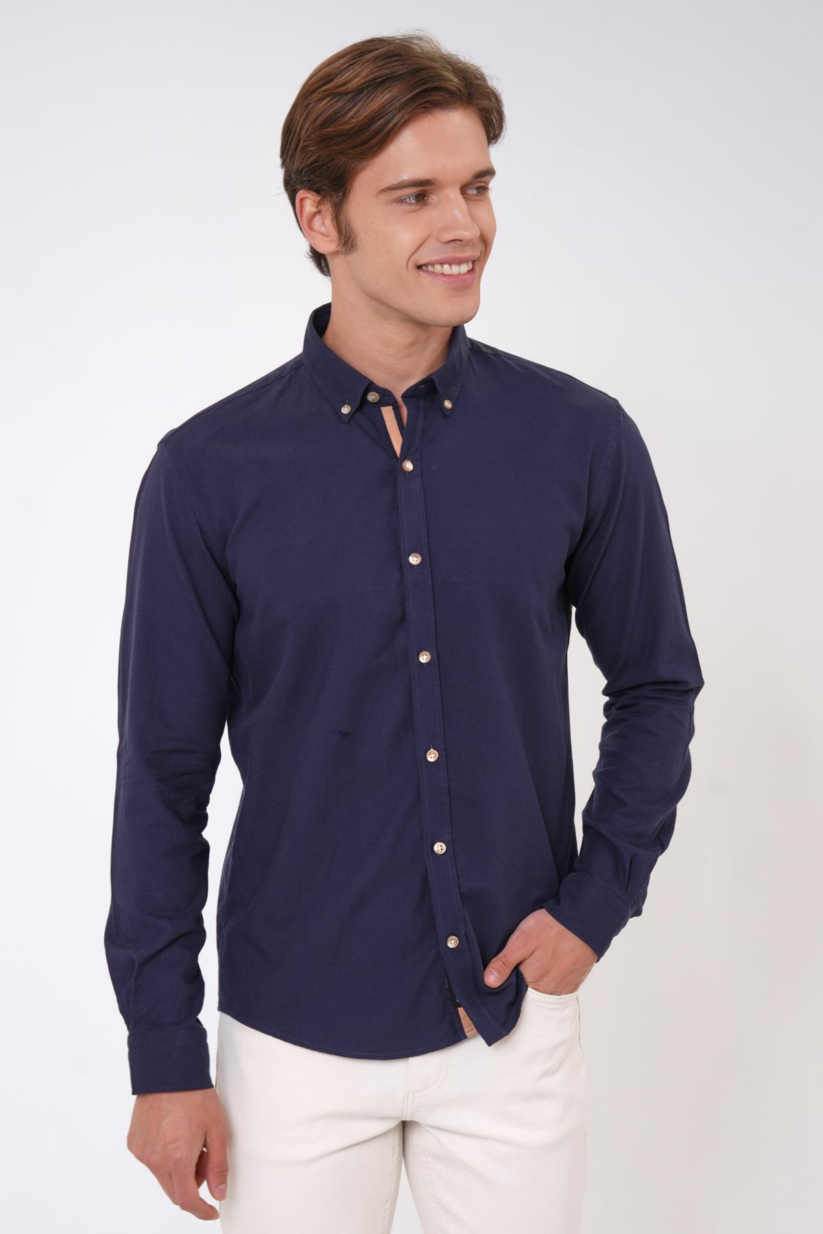 Lacivert Slim Fit %100 Pamuk Kolay Ütülenebilir Oxford Gömlek
