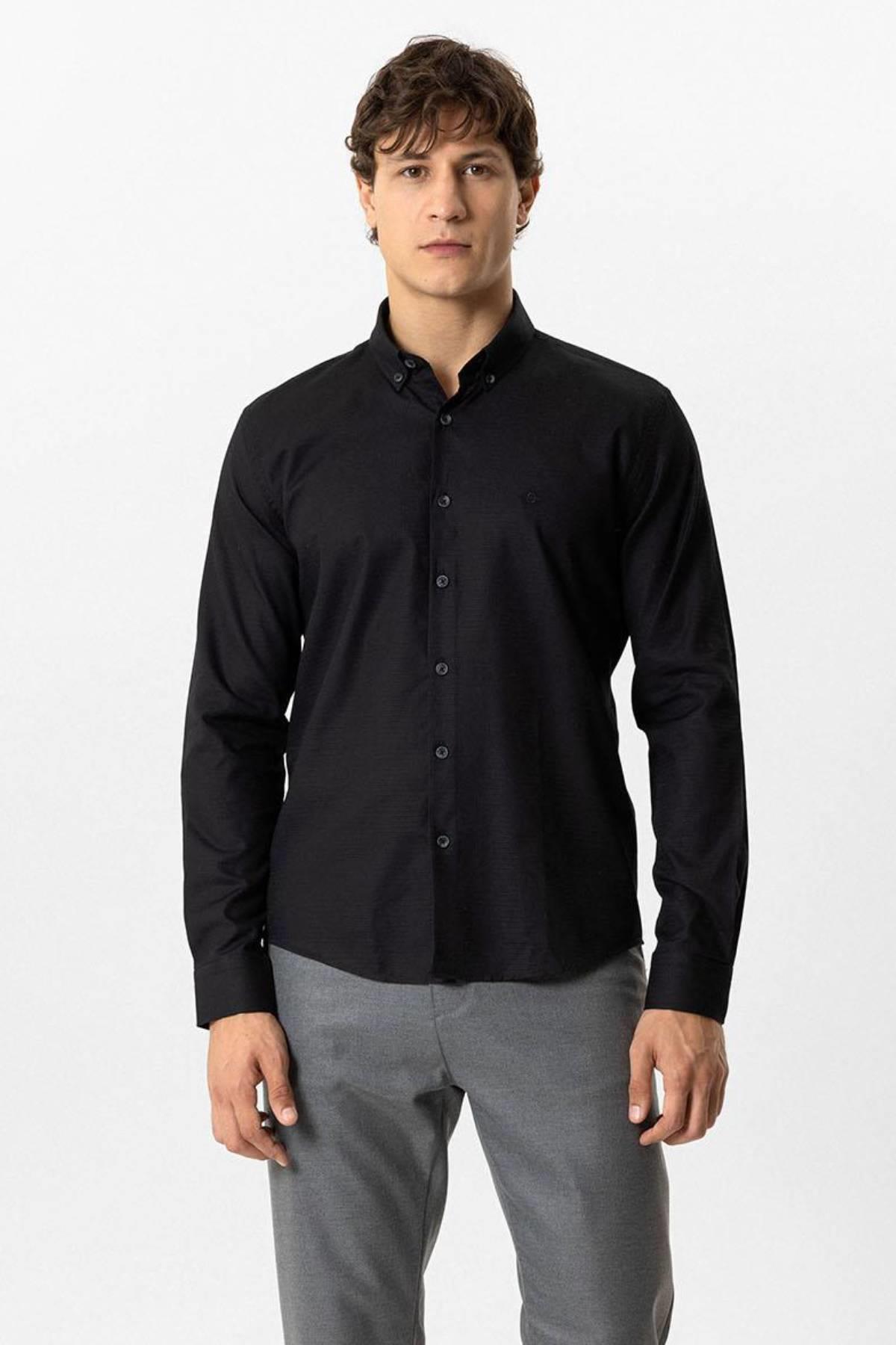 Siyah Slim Fit Armürlü %100 Pamuk Gömlek