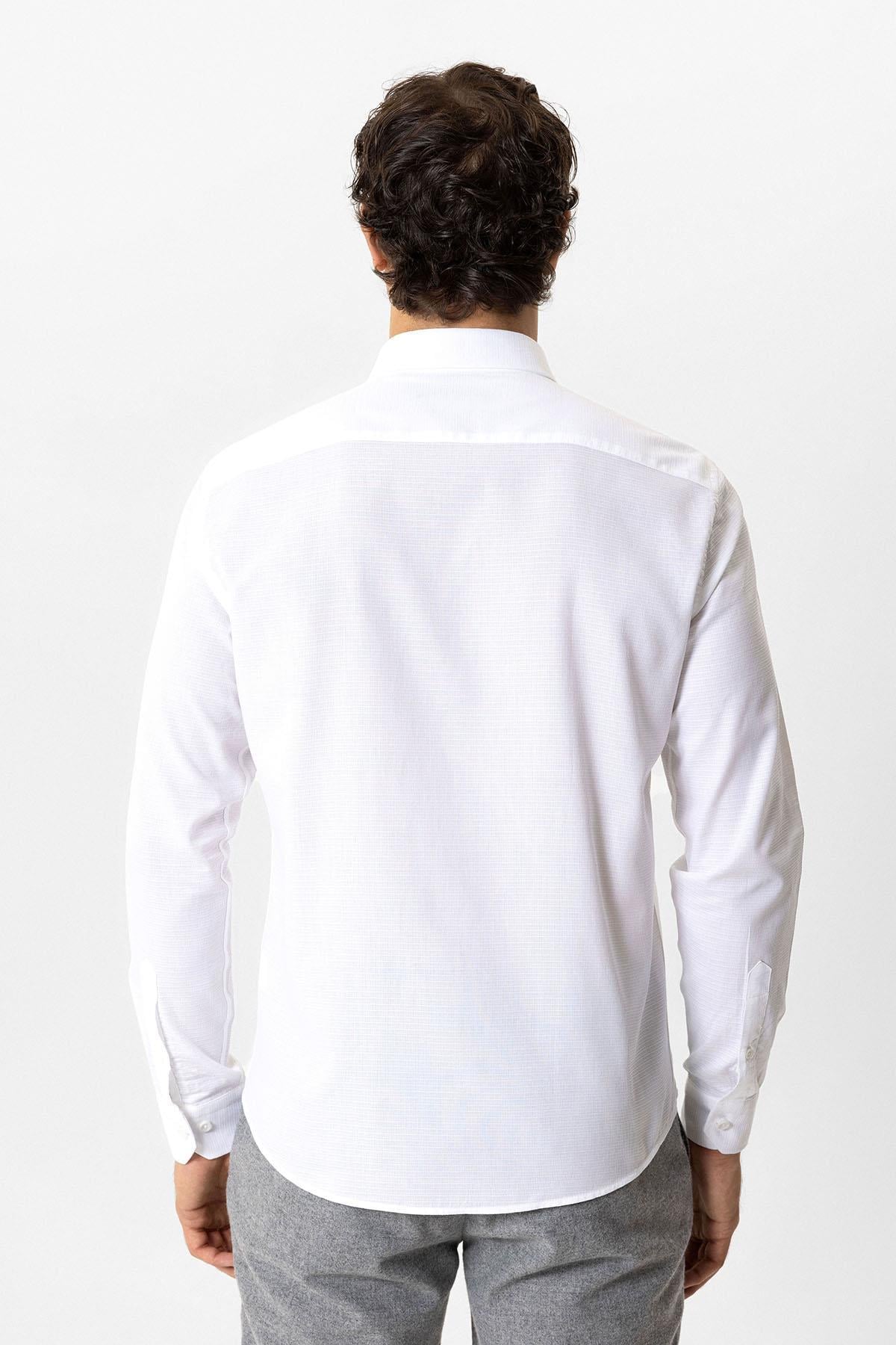 Beyaz Slim Fit Armürlü %100 Pamuk Gömlek