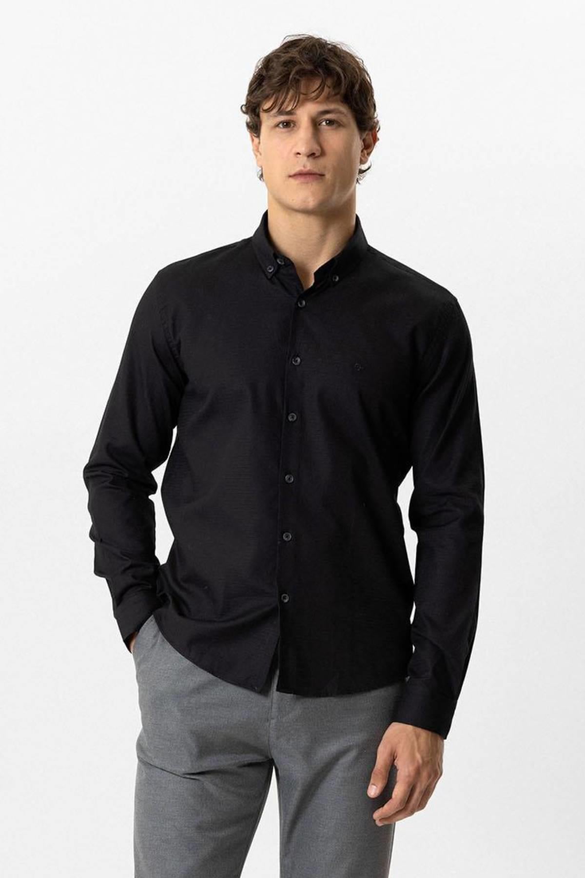 Siyah Slim Fit Armürlü %100 Pamuk Gömlek