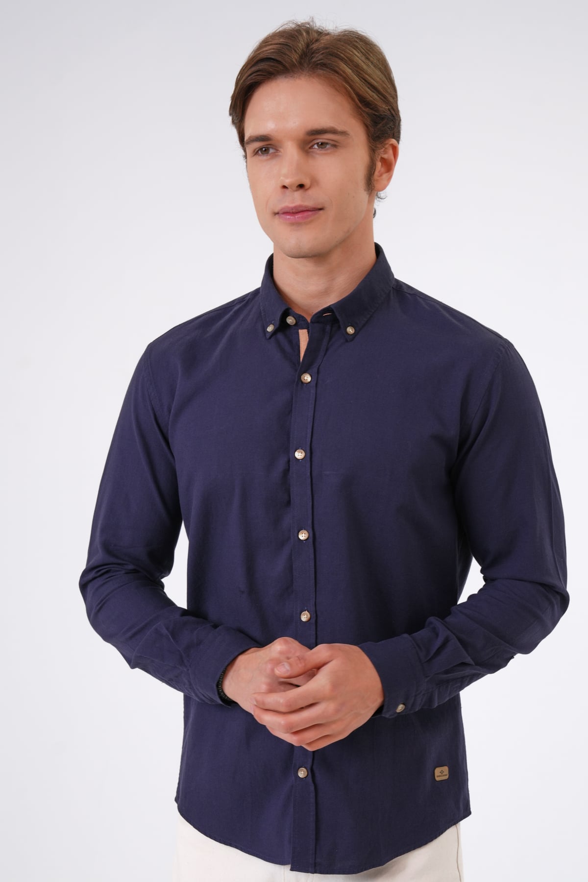 Lacivert Slim Fit %100 Pamuk Kolay Ütülenebilir Oxford Gömlek