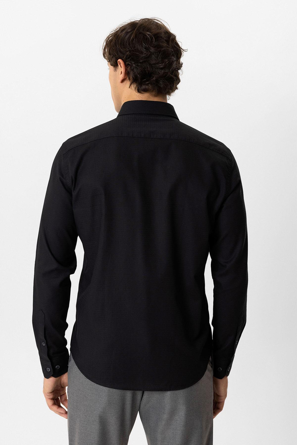 Siyah Slim Fit Armürlü %100 Pamuk Gömlek