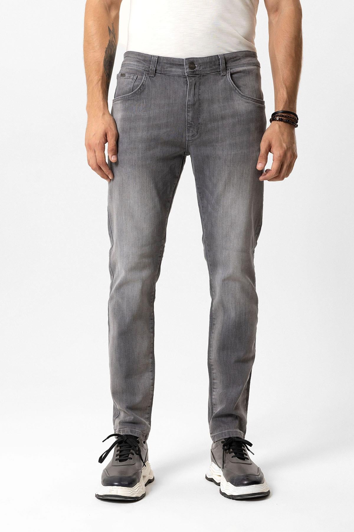 Gri Slim Fit Eskitme 5 Cepli Pamuklu Denim Pantolon