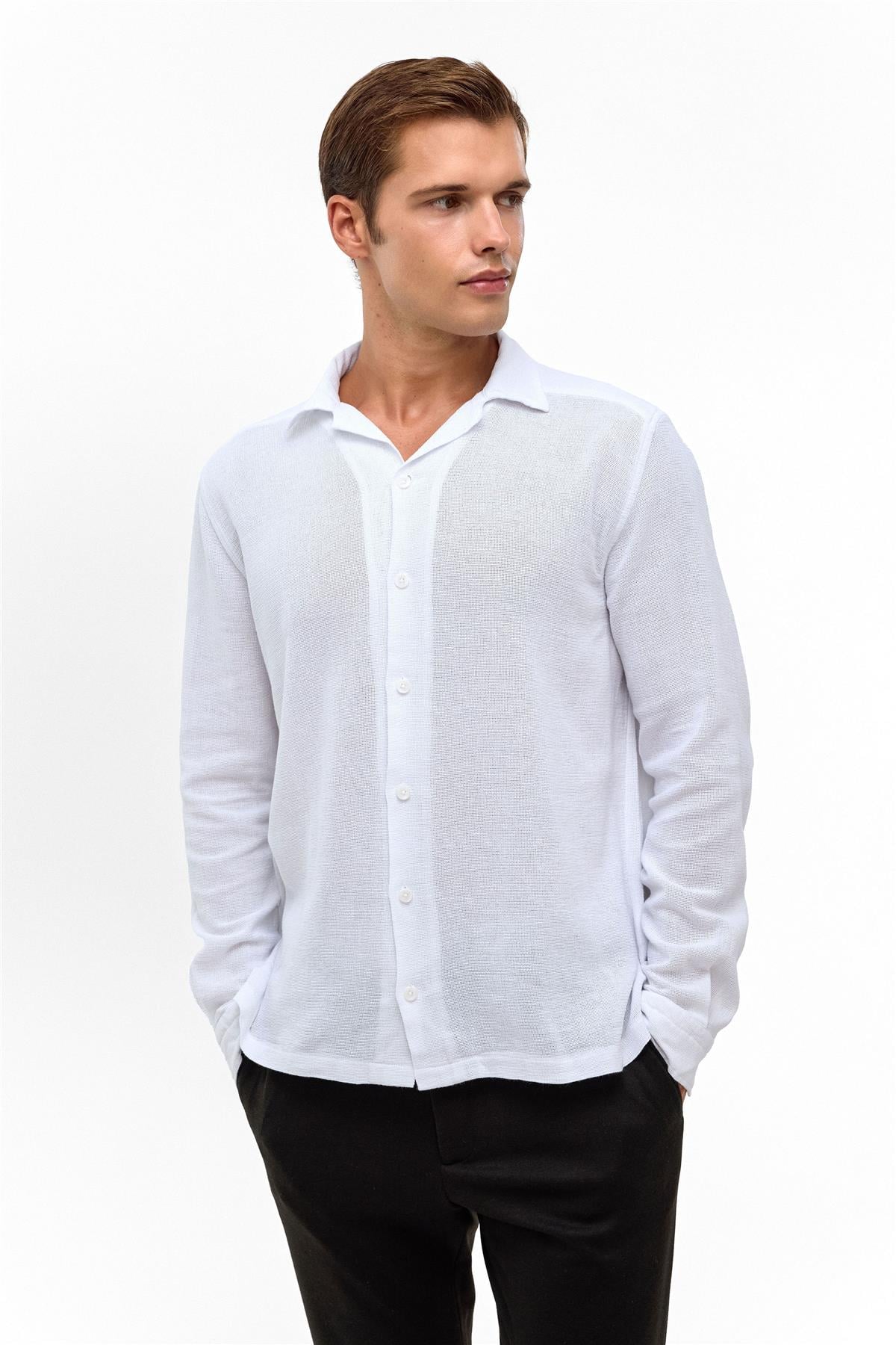Beyaz Relaxed Fit Baskılı %100 Pamuk Gömlek