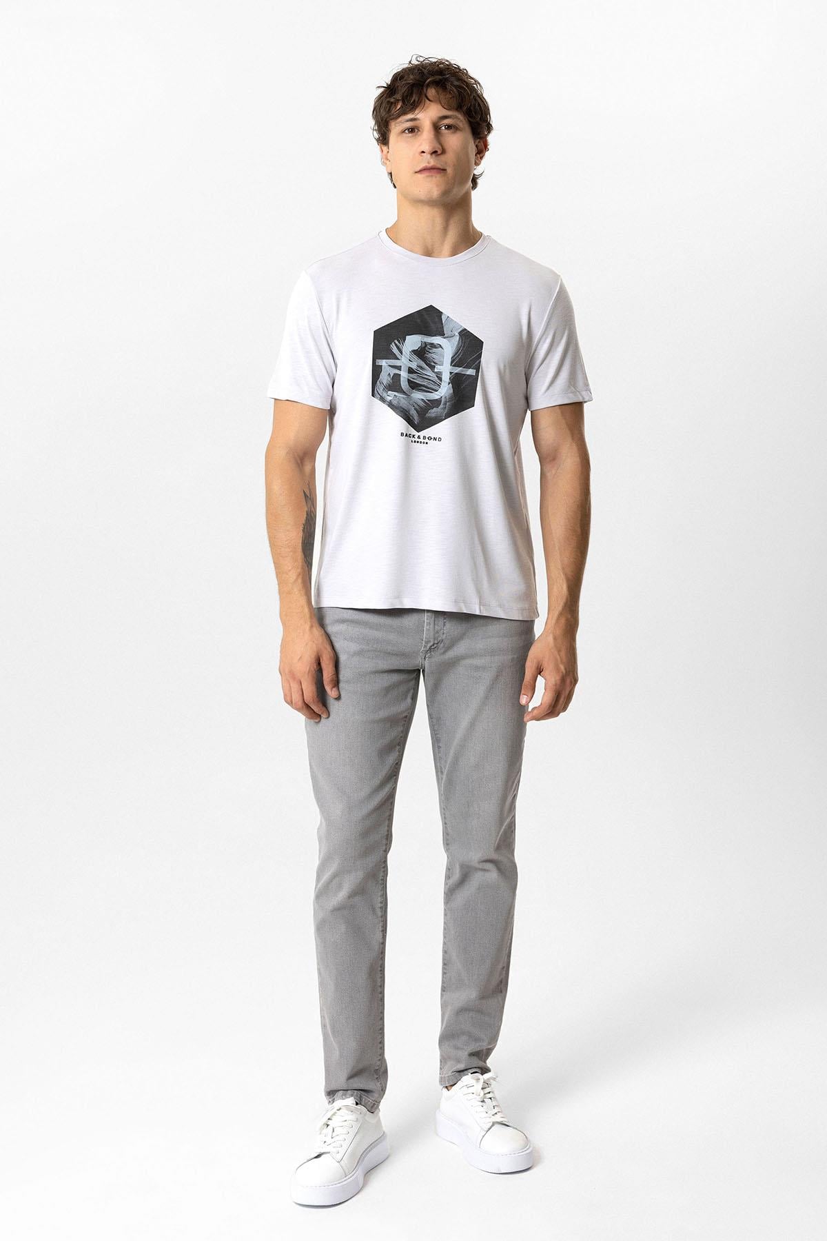 Gri Regular Fit Bisiklet Yaka Baskılı Modal Tişört