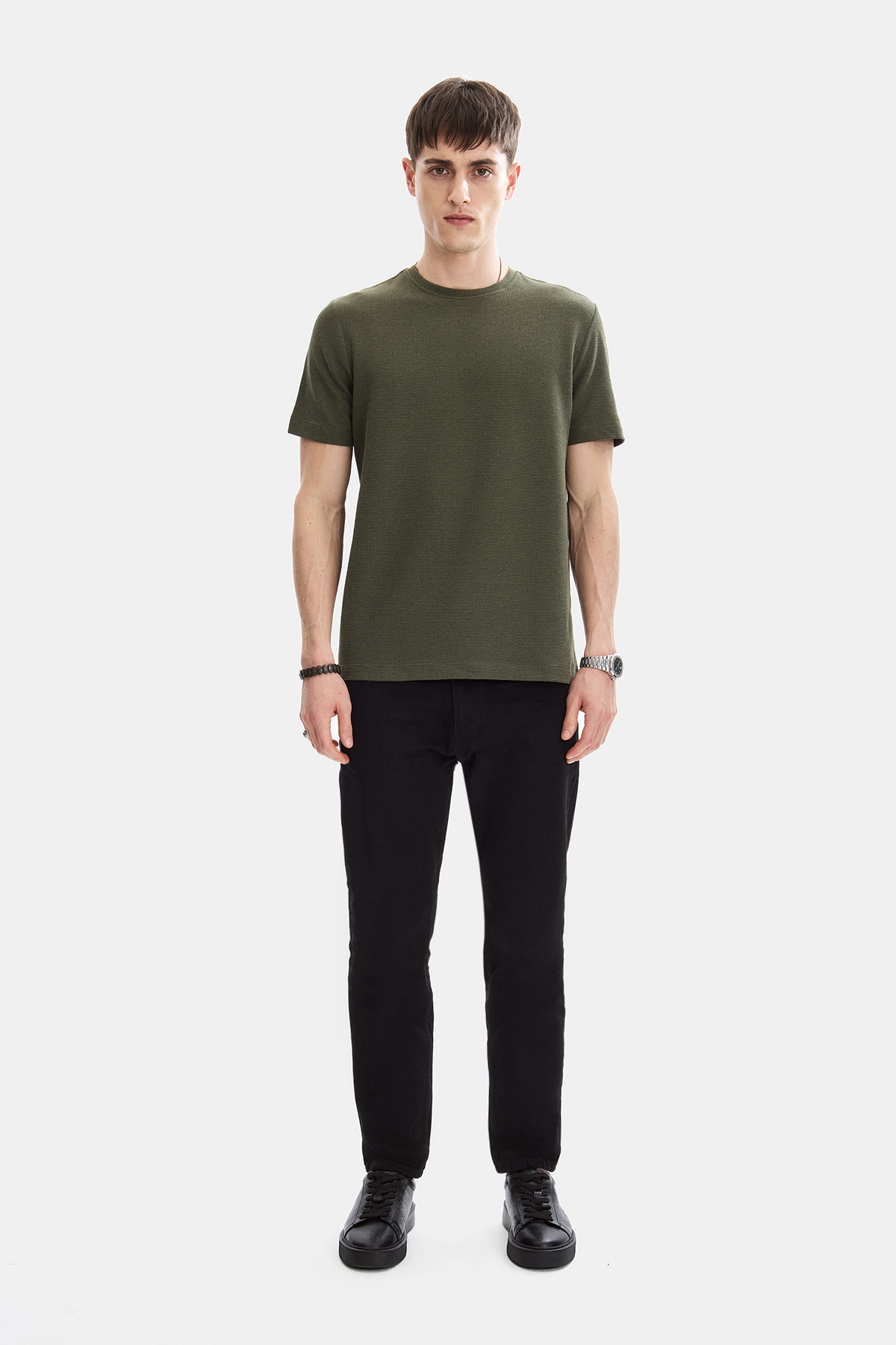 Haki Regular Fit Örme Bisiklet Yaka Tişört