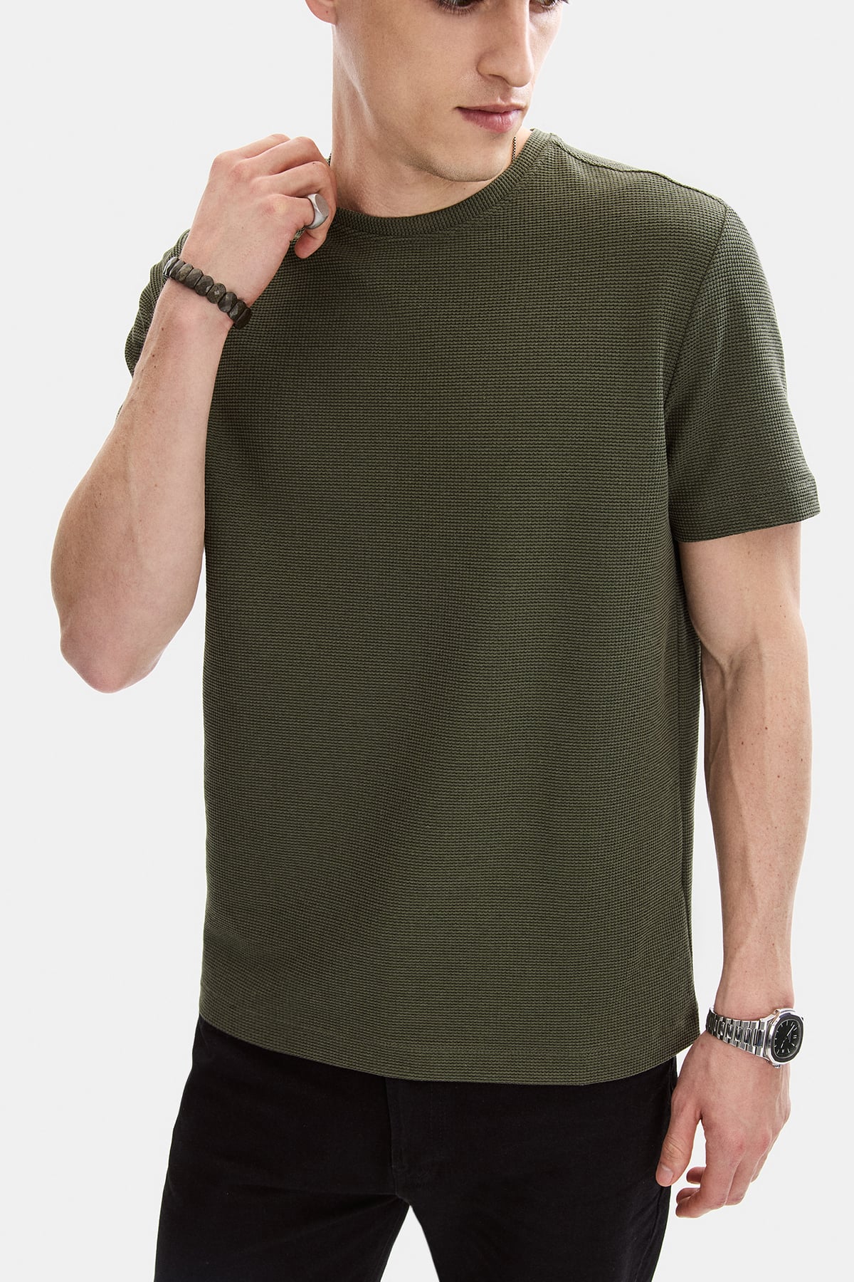 Haki Regular Fit Örme Bisiklet Yaka Tişört