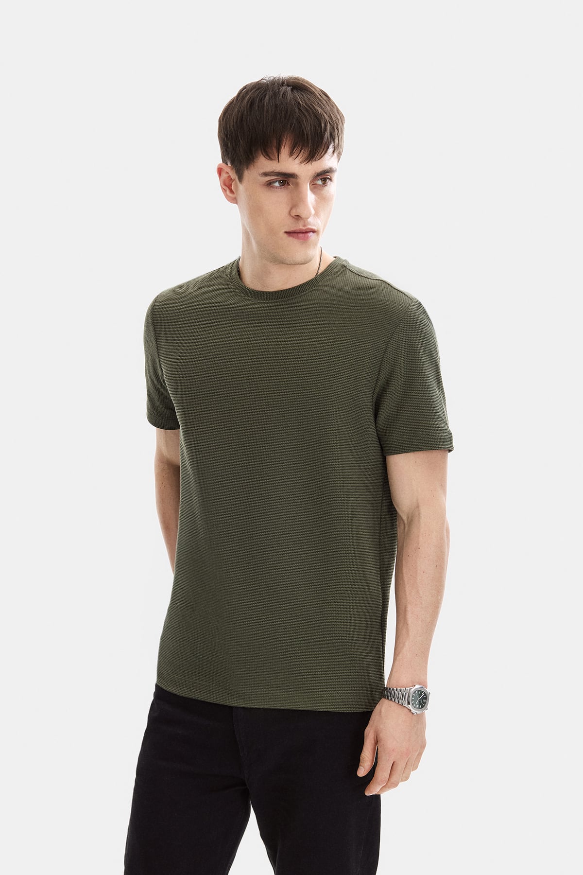 Haki Regular Fit Örme Bisiklet Yaka Tişört