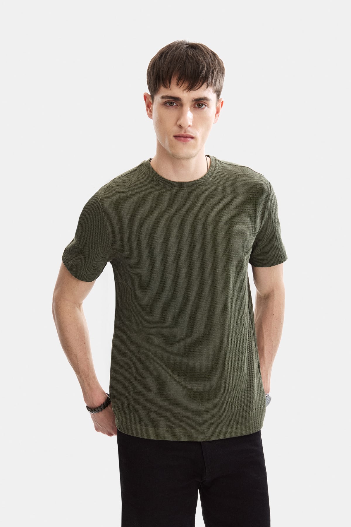 Haki Regular Fit Örme Bisiklet Yaka Tişört