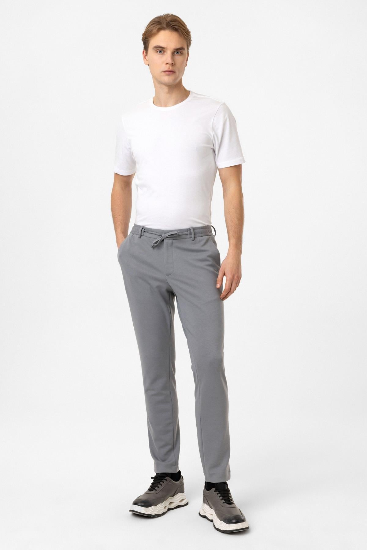 Gri Slim Fit Beli Bağcıklı Jogger Pantolon