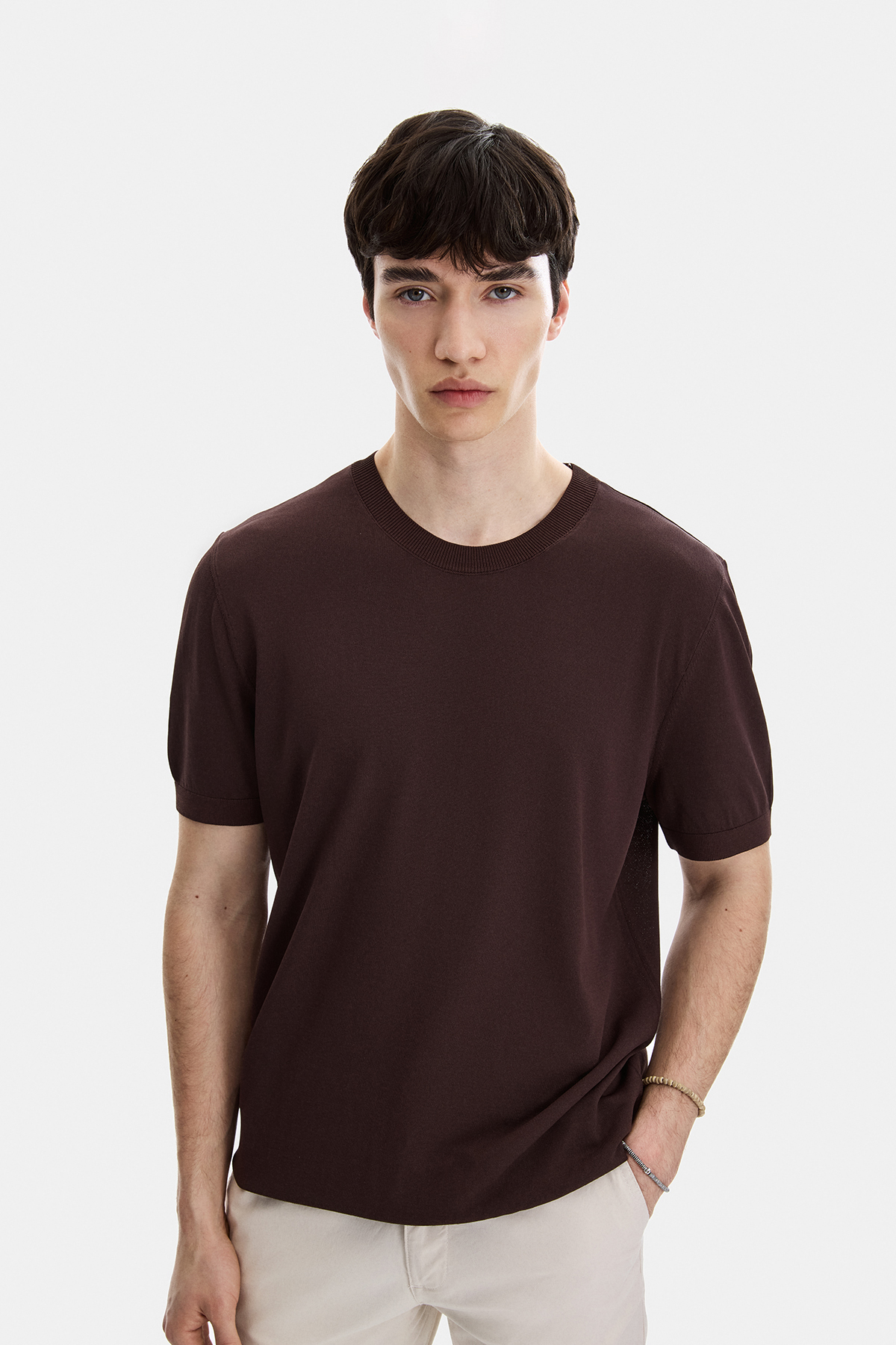 Kahve Regular Fit Bisiklet Yaka Triko Tişört