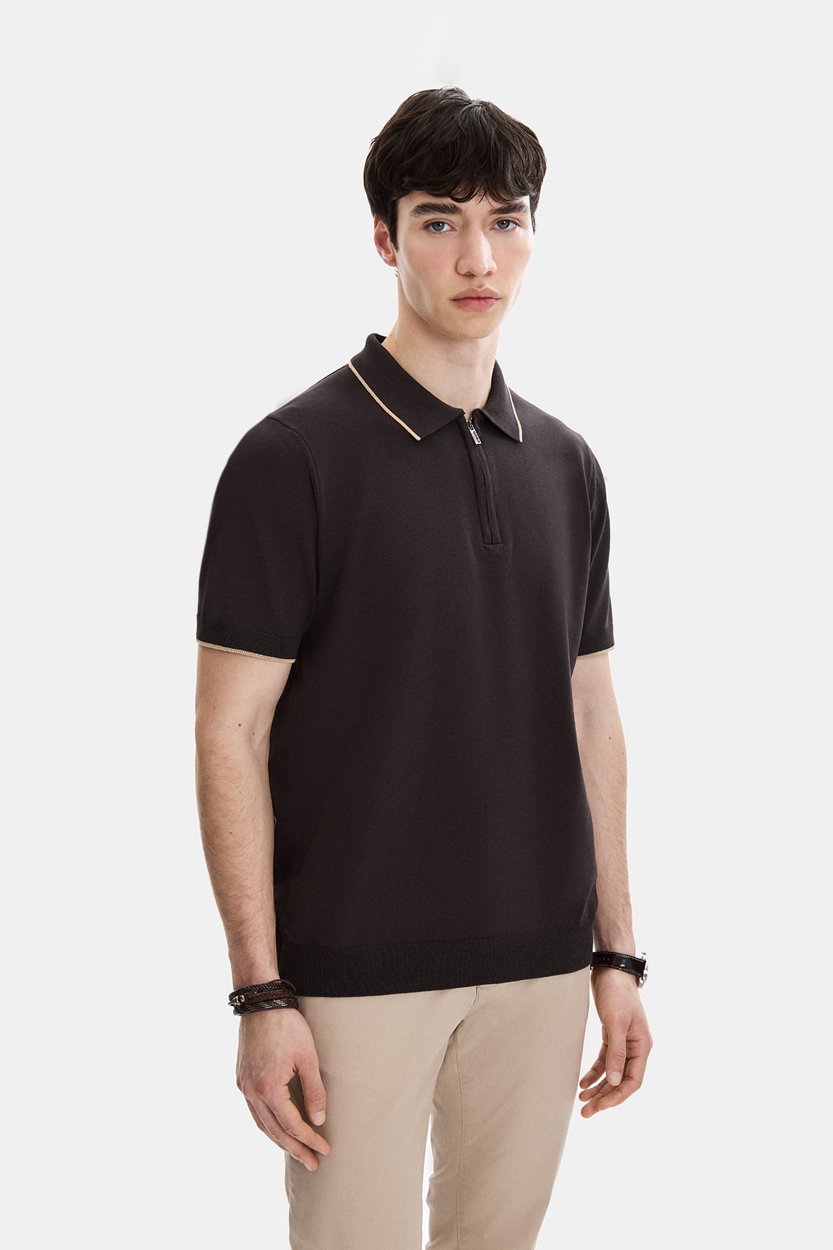 Kahverengi Regular Fit Fermuarlı Polo Yaka Triko