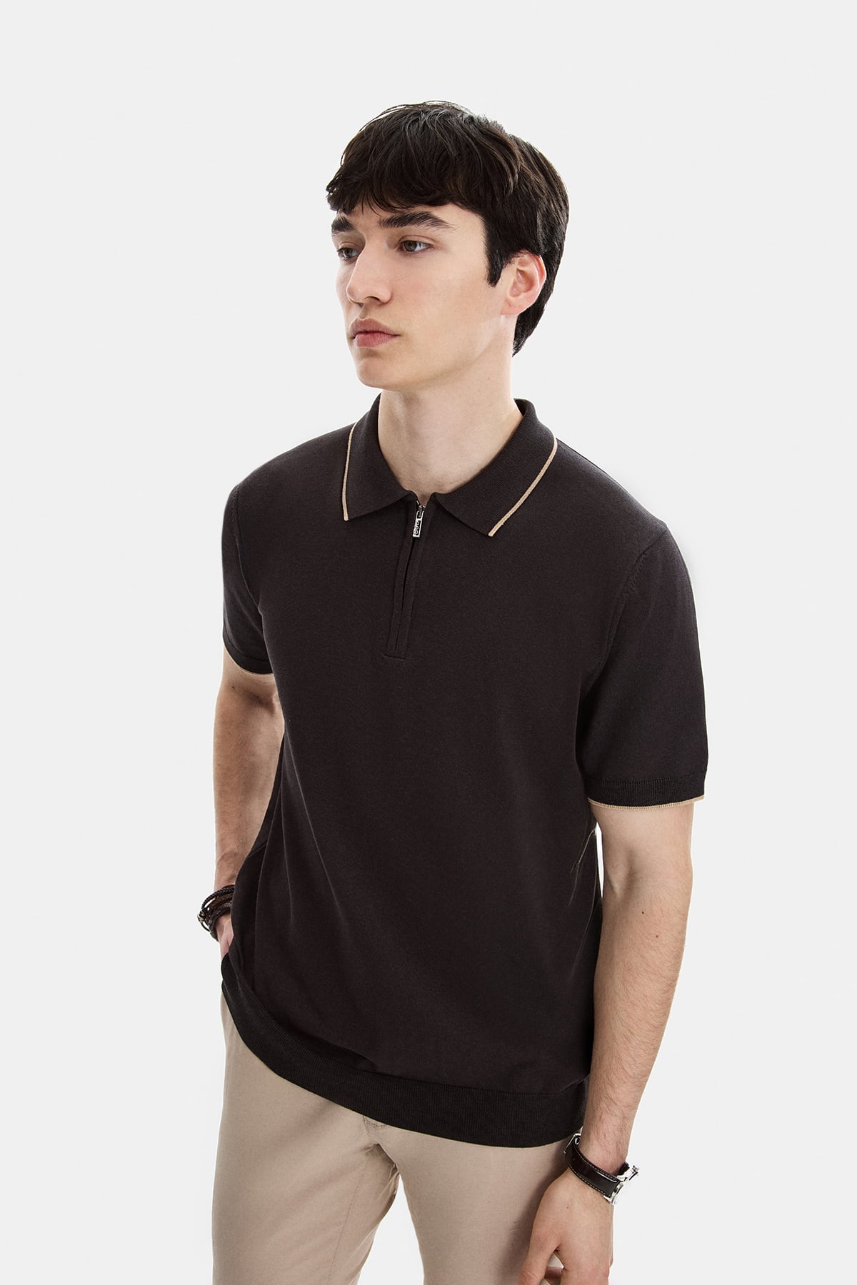 Kahverengi Regular Fit Fermuarlı Polo Yaka Triko