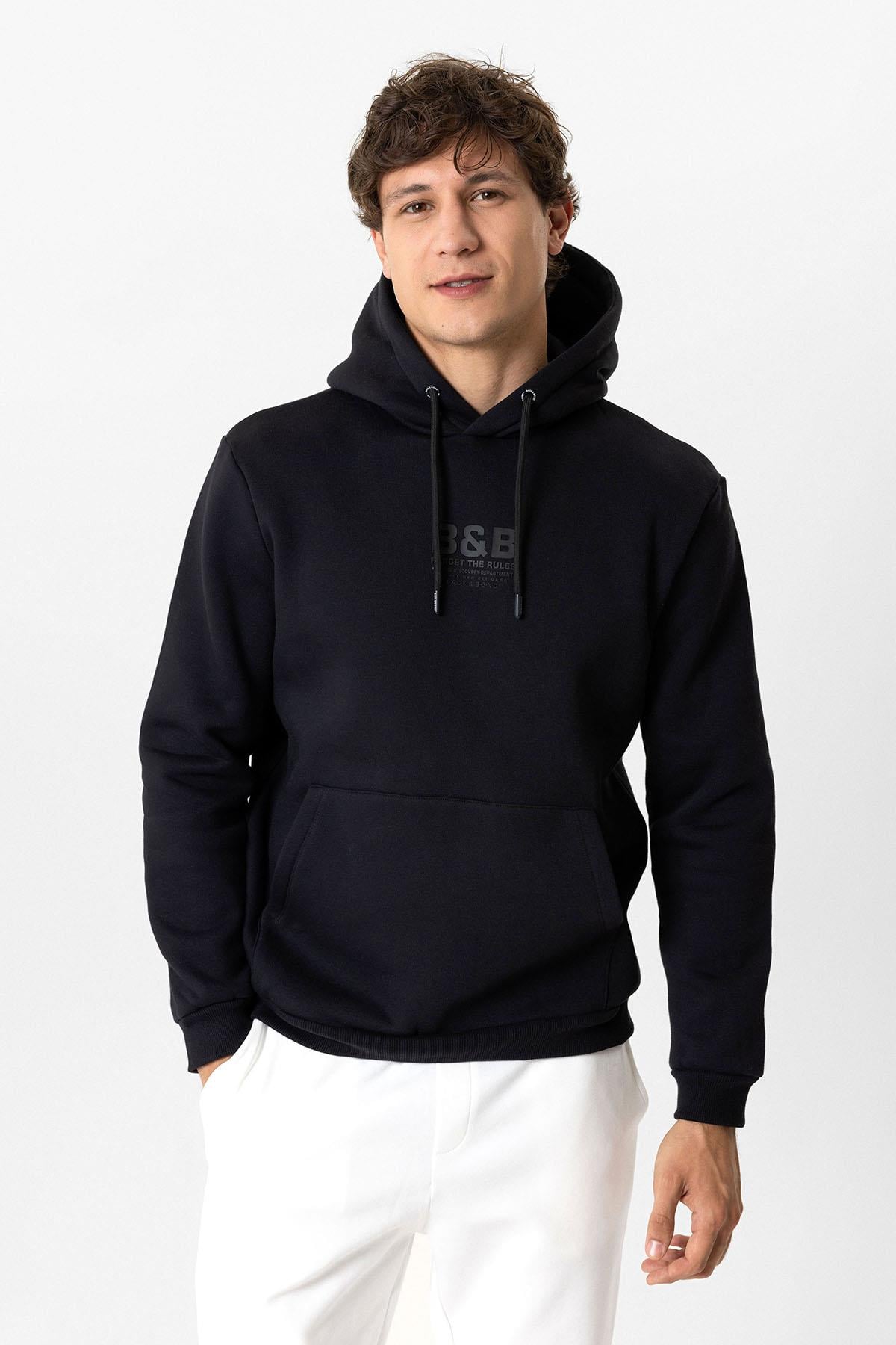 Siyah Regular Fit Pamuklu Kapüşonlu Sweatshirt