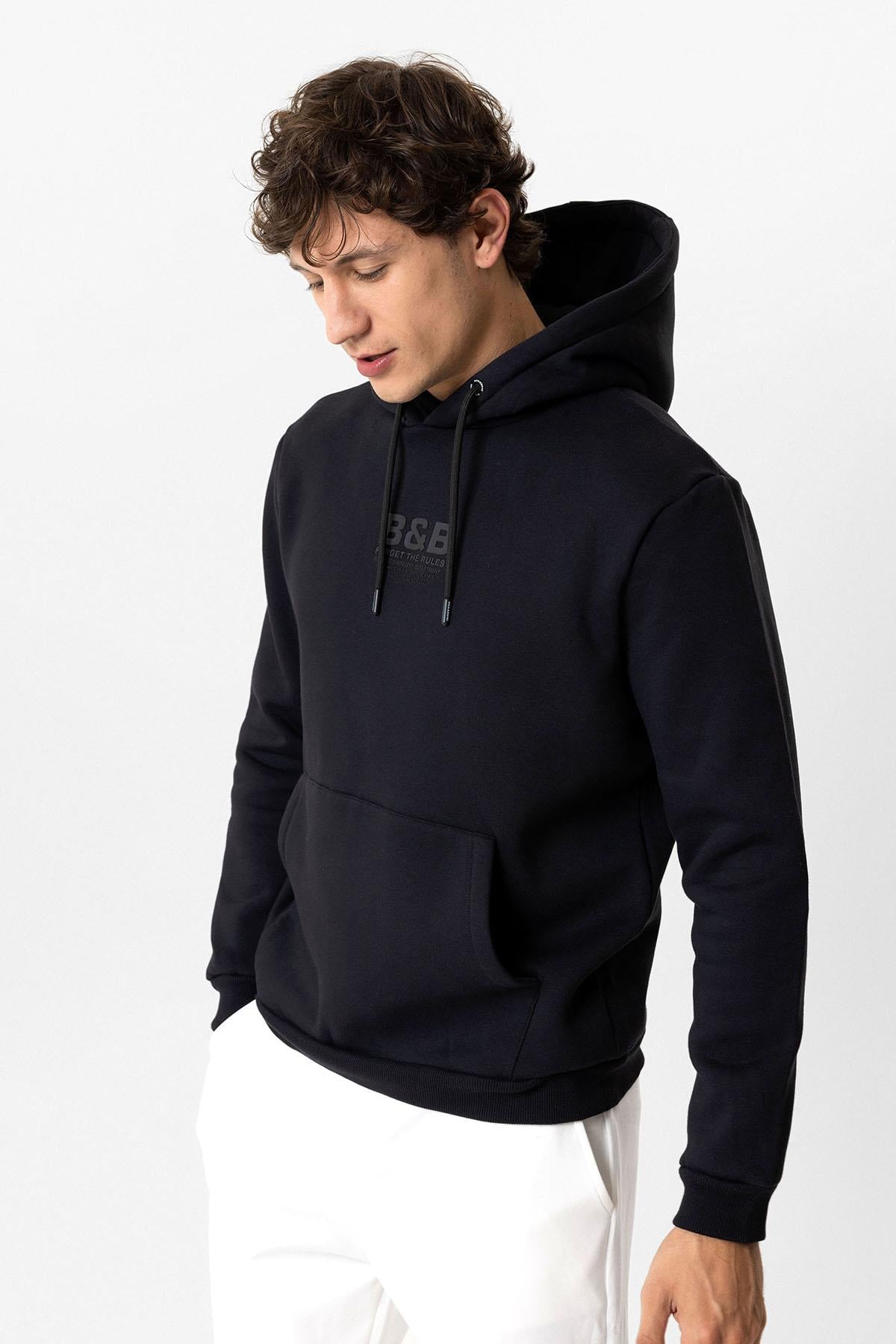 Siyah Regular Fit Pamuklu Kapüşonlu Sweatshirt