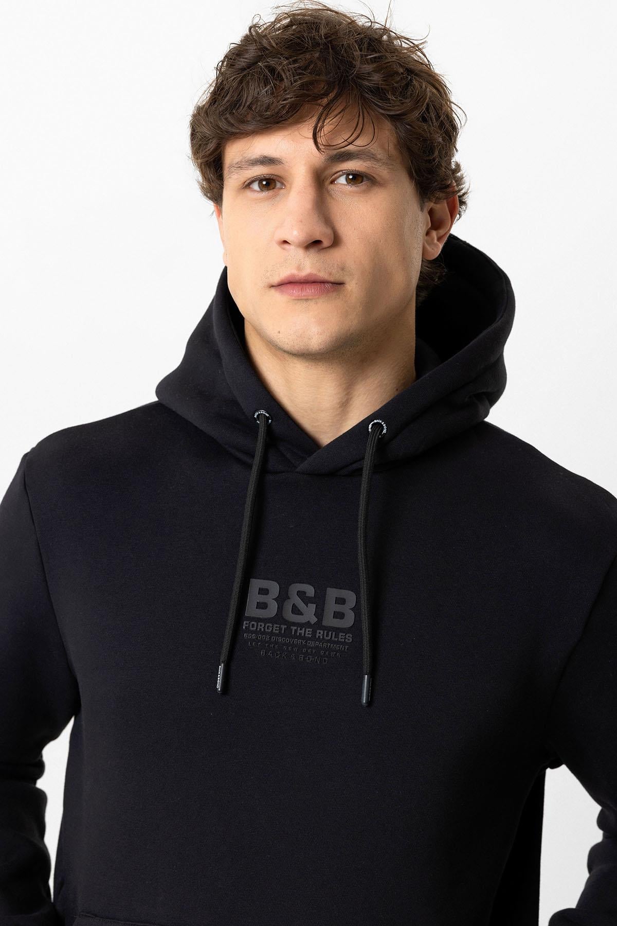 Siyah Regular Fit Pamuklu Kapüşonlu Sweatshirt