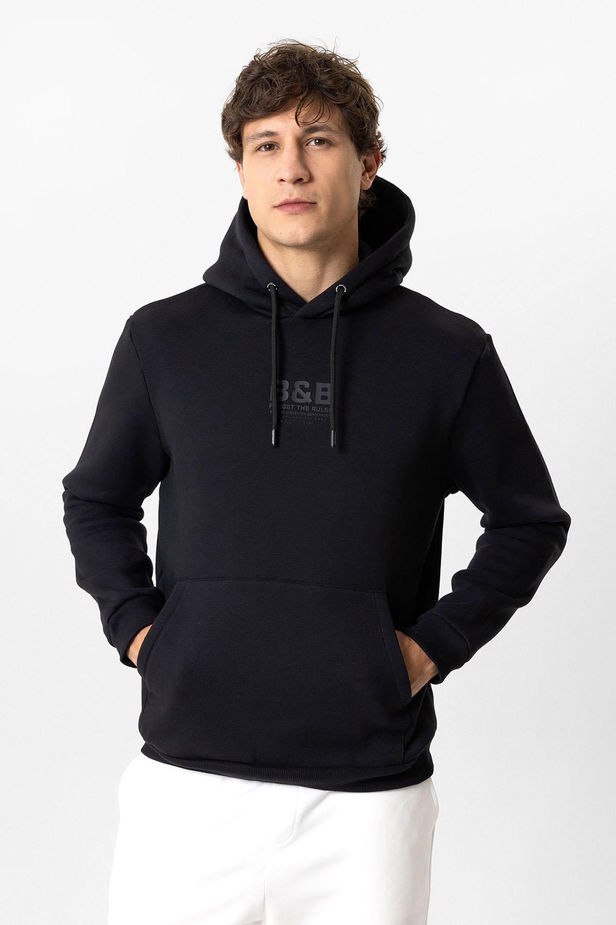 Siyah Regular Fit Pamuklu Kapüşonlu Sweatshirt