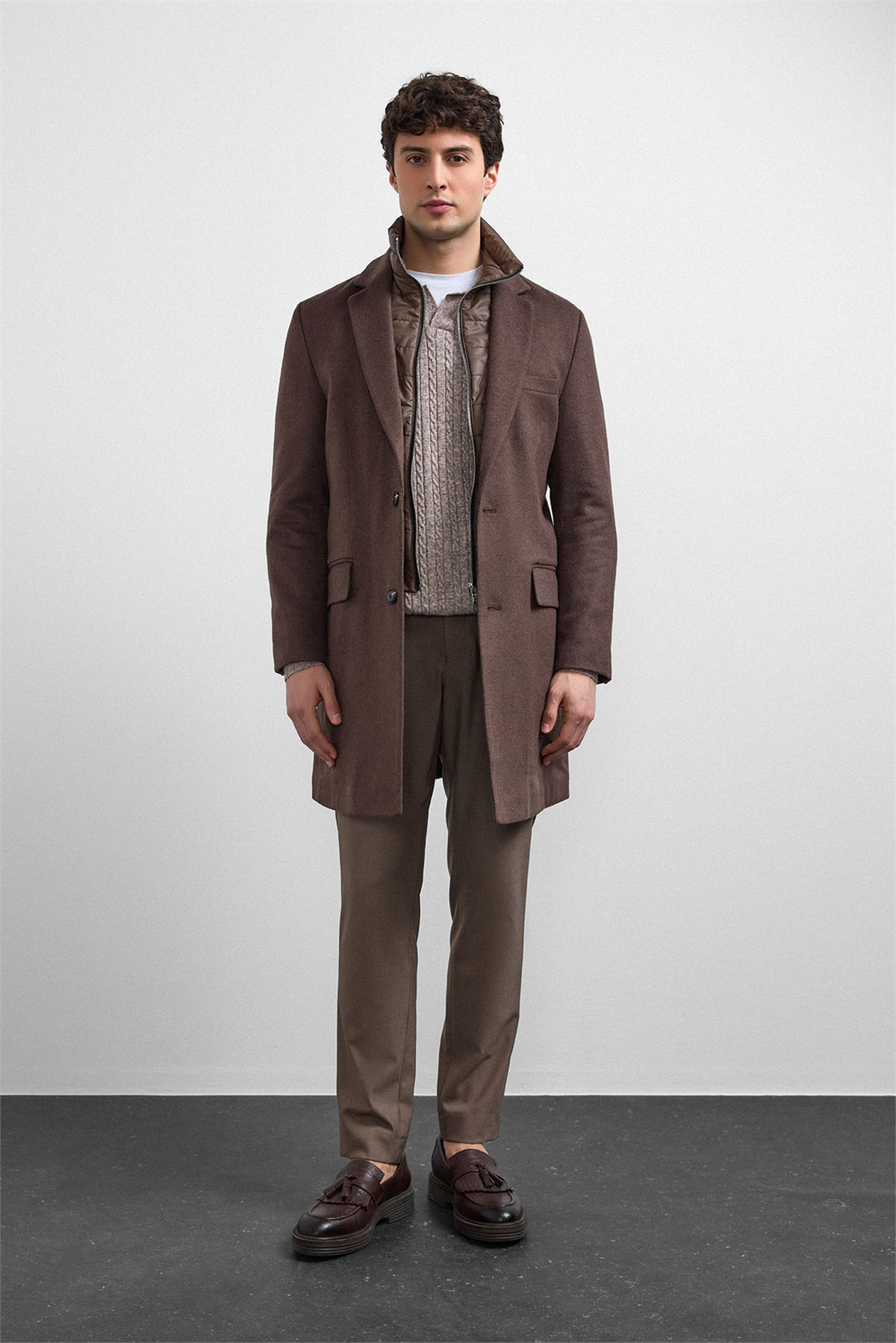 Kahve Regular Fit Kruvaze Kısa Kaban