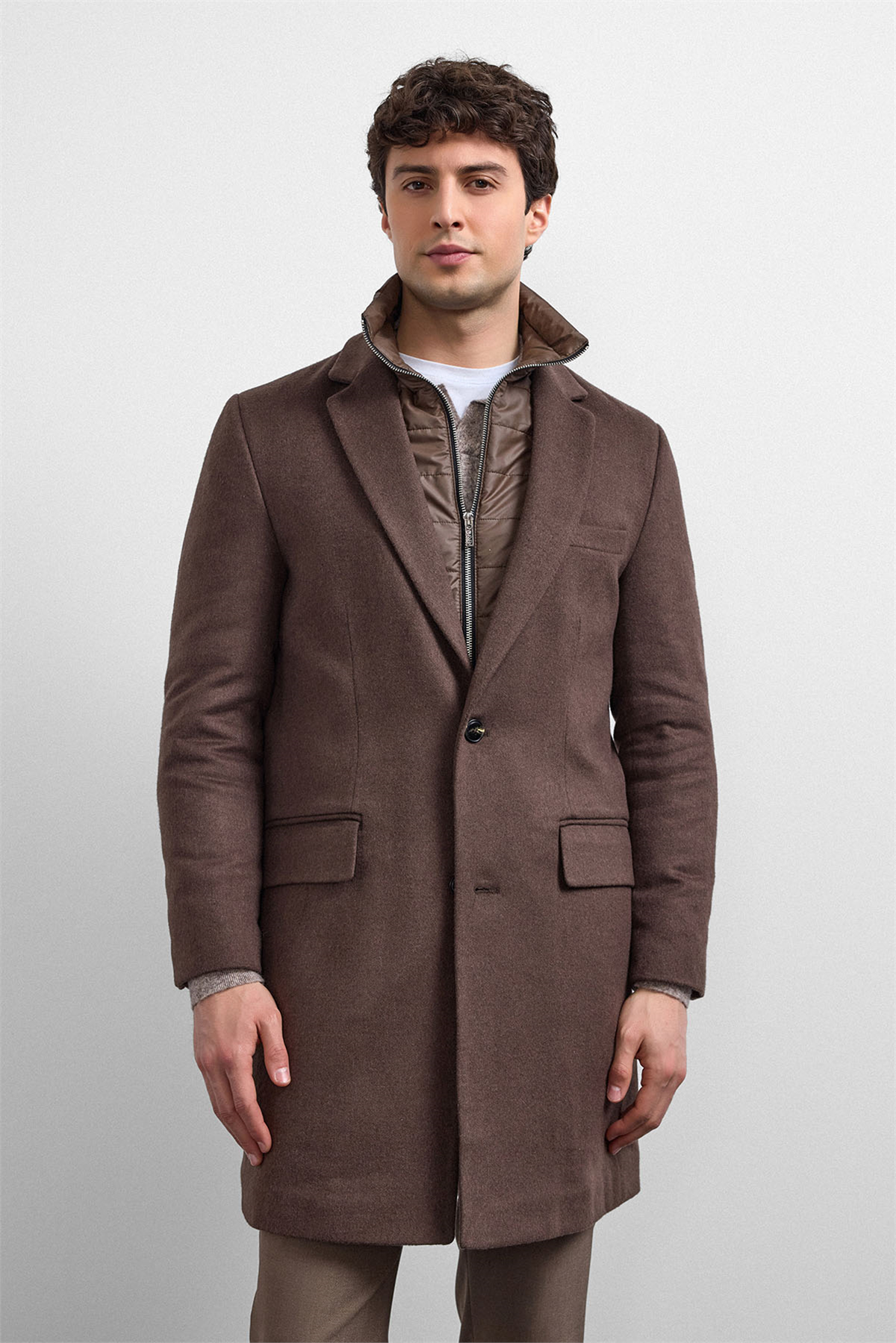 Kahve Regular Fit Kruvaze Kısa Kaban