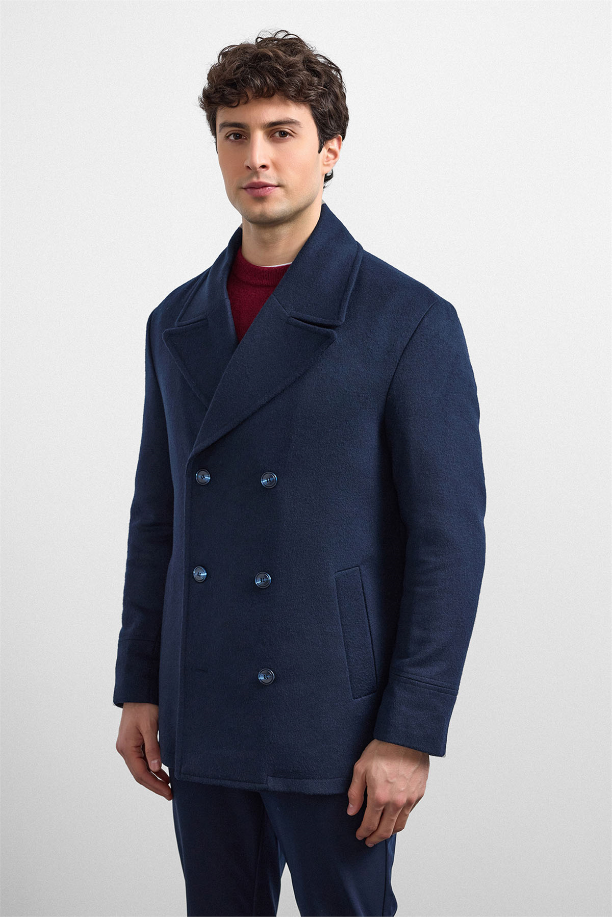 Lacivert Regular Fit Kruvaze Kısa Kaban