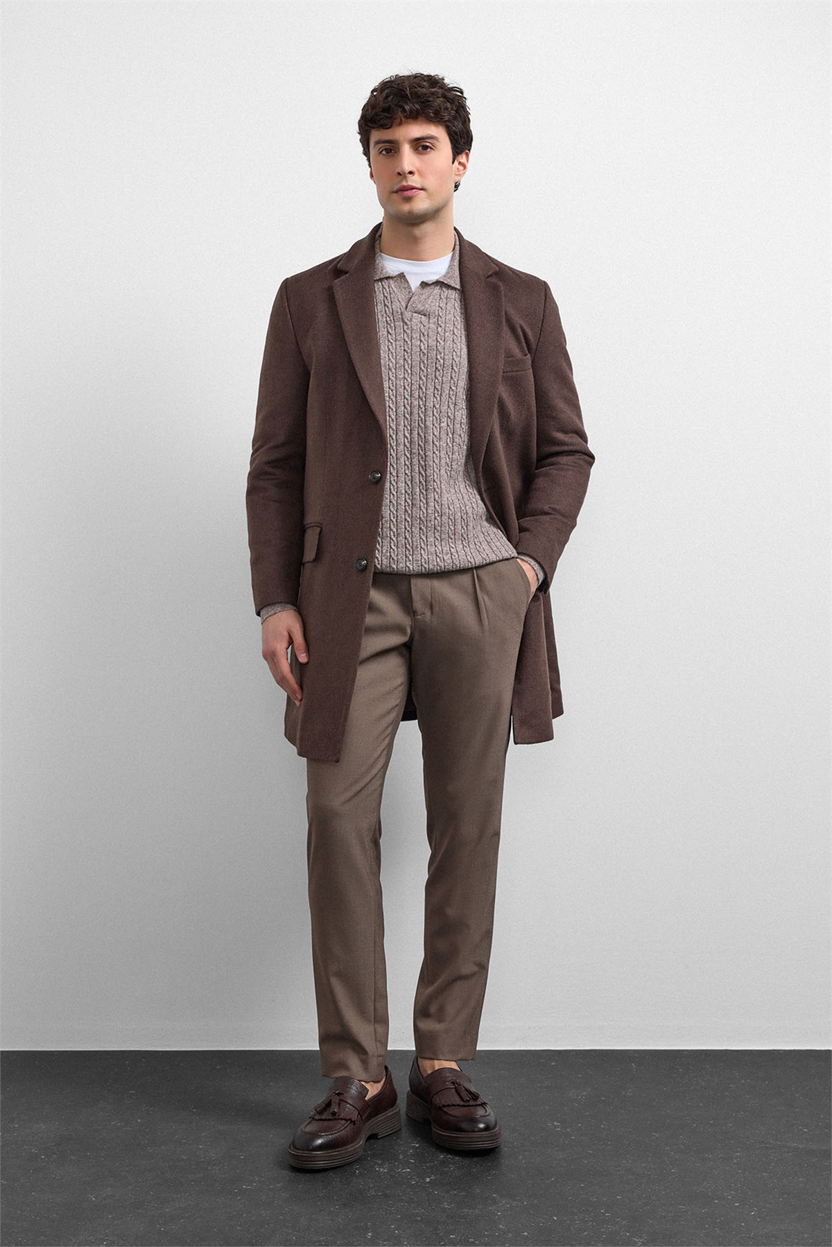 Kahve Regular Fit Kruvaze Kısa Kaban