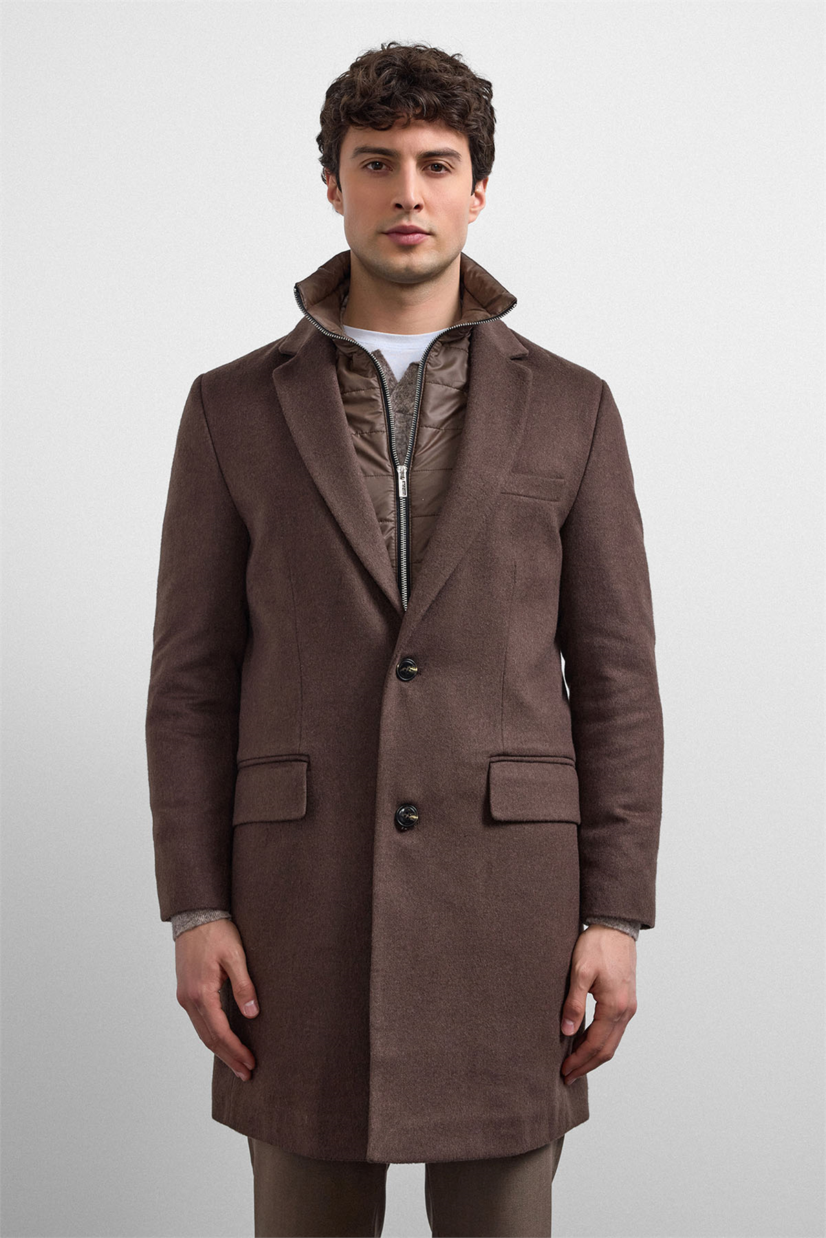 Kahve Regular Fit Kruvaze Kısa Kaban