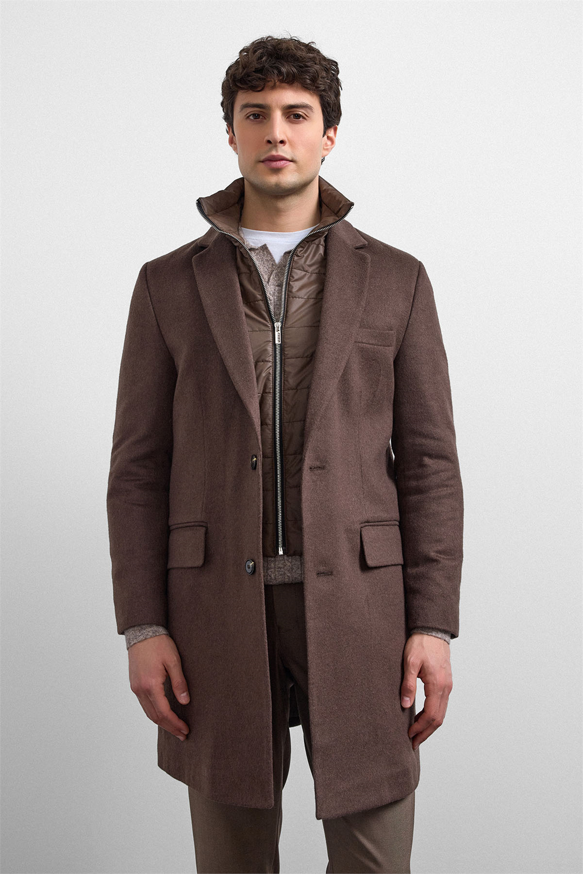 Kahve Regular Fit Kruvaze Kısa Kaban